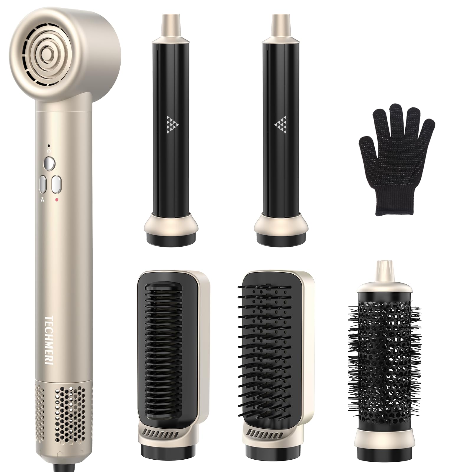 TECHMERI 6-in-1 Ionic Hair Dryer Brush with Detachable Styler & Auto Wrap Curler - Blow Dry, Straighten, Volumize Hair Fast - Perfect for Home Salon Styling & Travel Hair Care