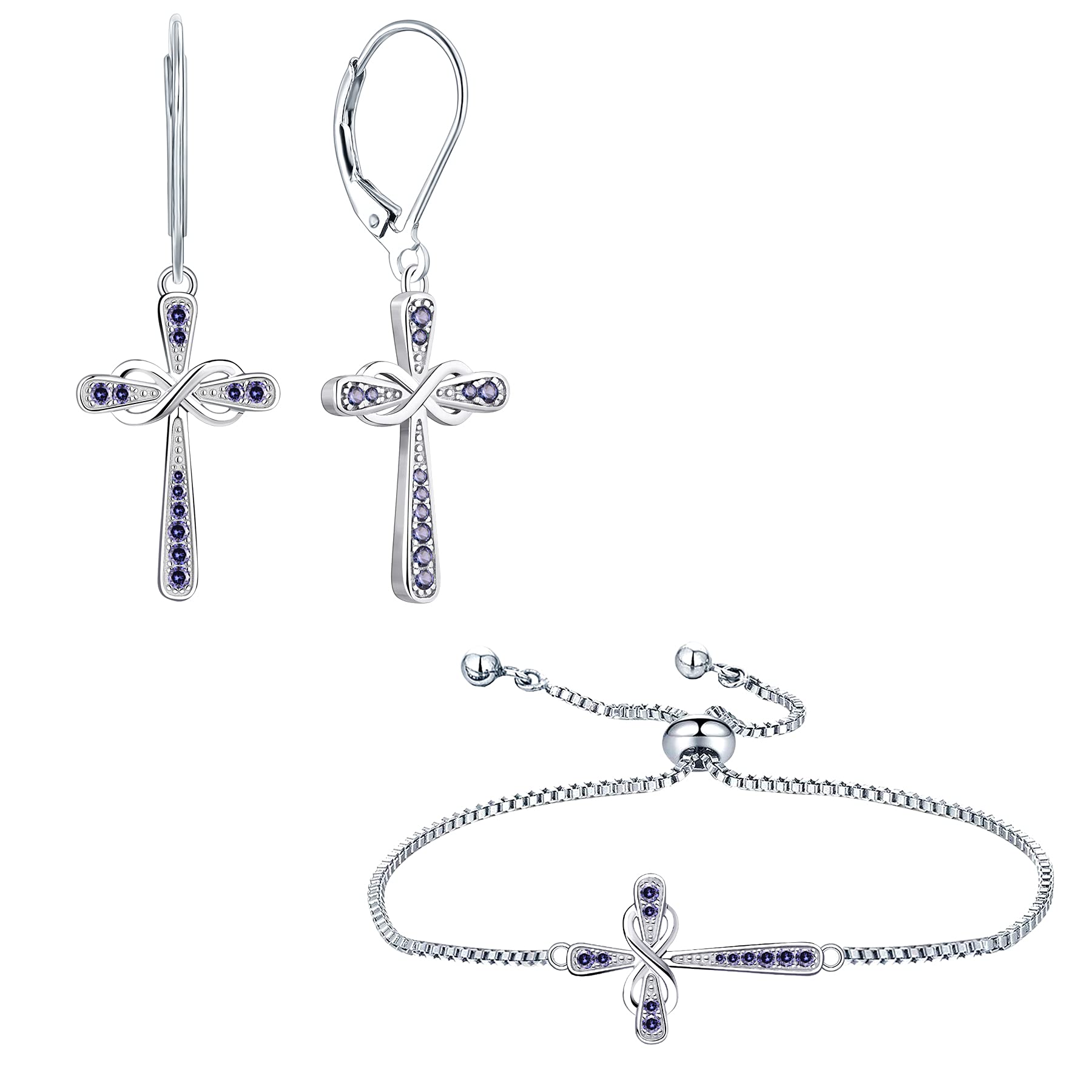 YL Sterling Silver Infinity Cross Dangle Drop Earrings with Cubic Zirconia & Tanzanite - Criss Cross Leverback Jewelry Set for Women - Perfect for Church, Weddings, and Everyday Fashion