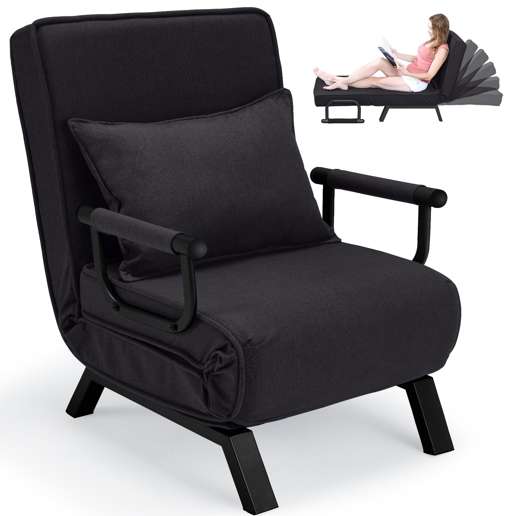 3-in-1 Convertible Sleeper Chair with 6 Adjustable Positions - Foldable Chaise Lounge & Recliner Sofa for Living Room, Study, Office (Black) | Perfect for Small Spaces, Guest Rooms & Home Theaters