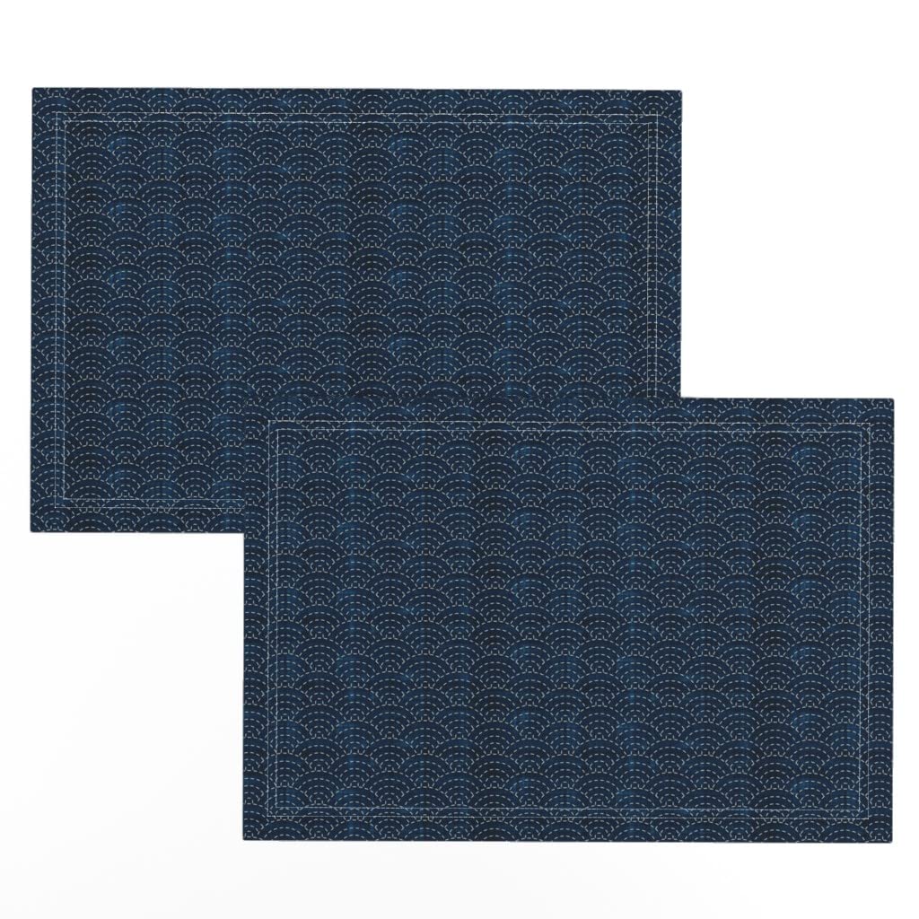 Premium Linen Cotton Canvas Placemats Set of 2 - Japanese Sashiko Indigo Ocean Wave Design for Dining Table Decor, Kitchen Mats, and Boho Home Accessories