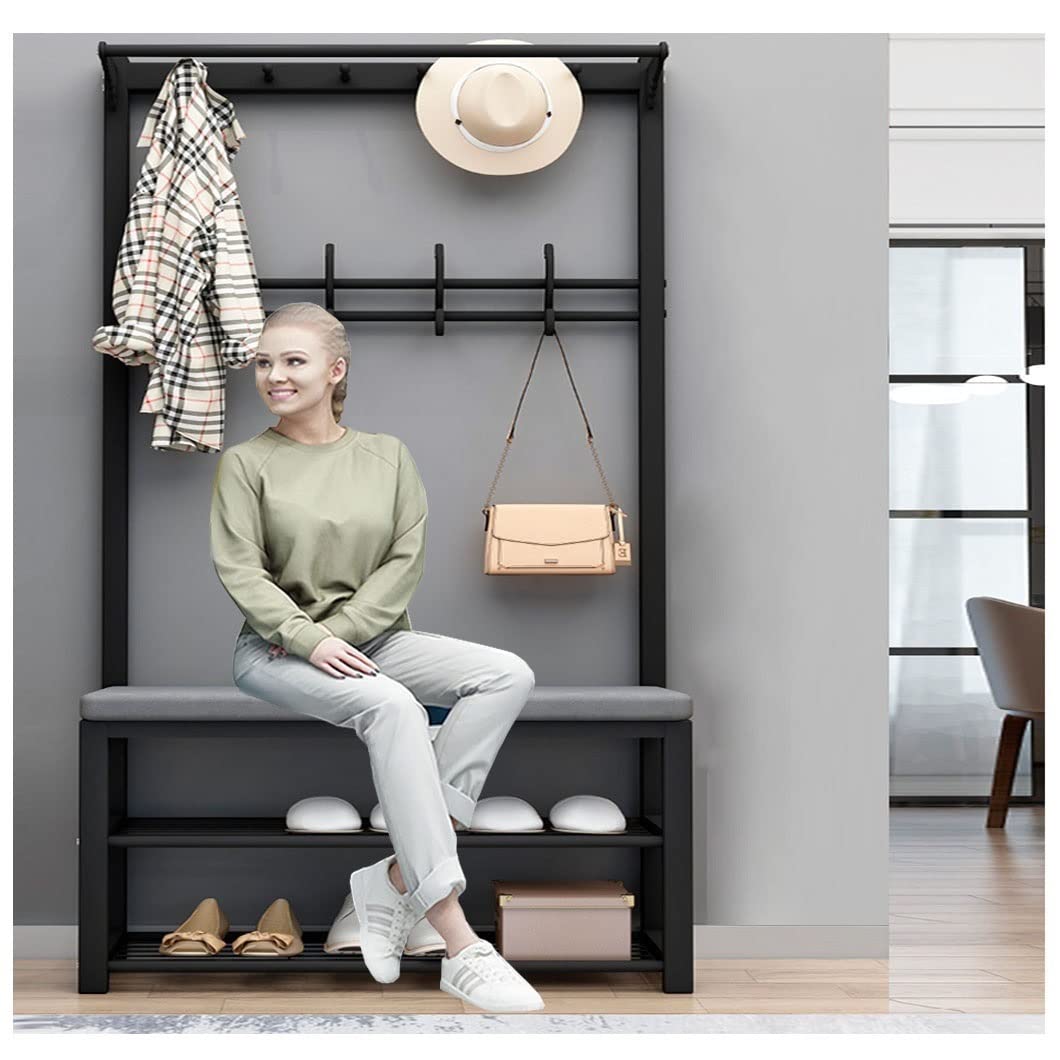 Modern 3-in-1 Entryway Hall Tree with Coat Rack, Shoe Storage Bench & 9 Hooks - Black Metal Frame Organizer (100x33x170cm) for Living Room, Bedroom & Foyer - Perfect for Small Spaces & Home Organization