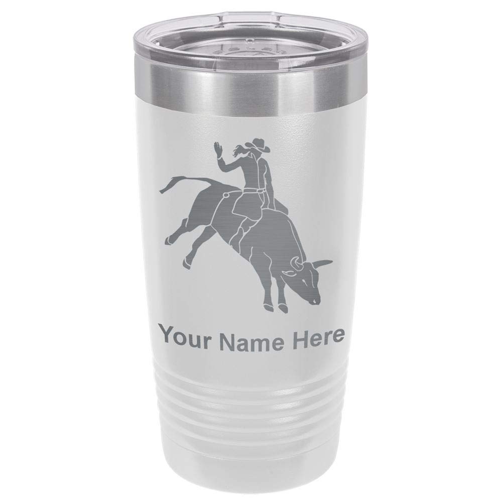 20oz Insulated Tumbler Mug with Lid & Straw - Custom Engraved Bull Rider Cowgirl Design - Perfect for Rodeo, Western Parties & Outdoor Adventures (White)