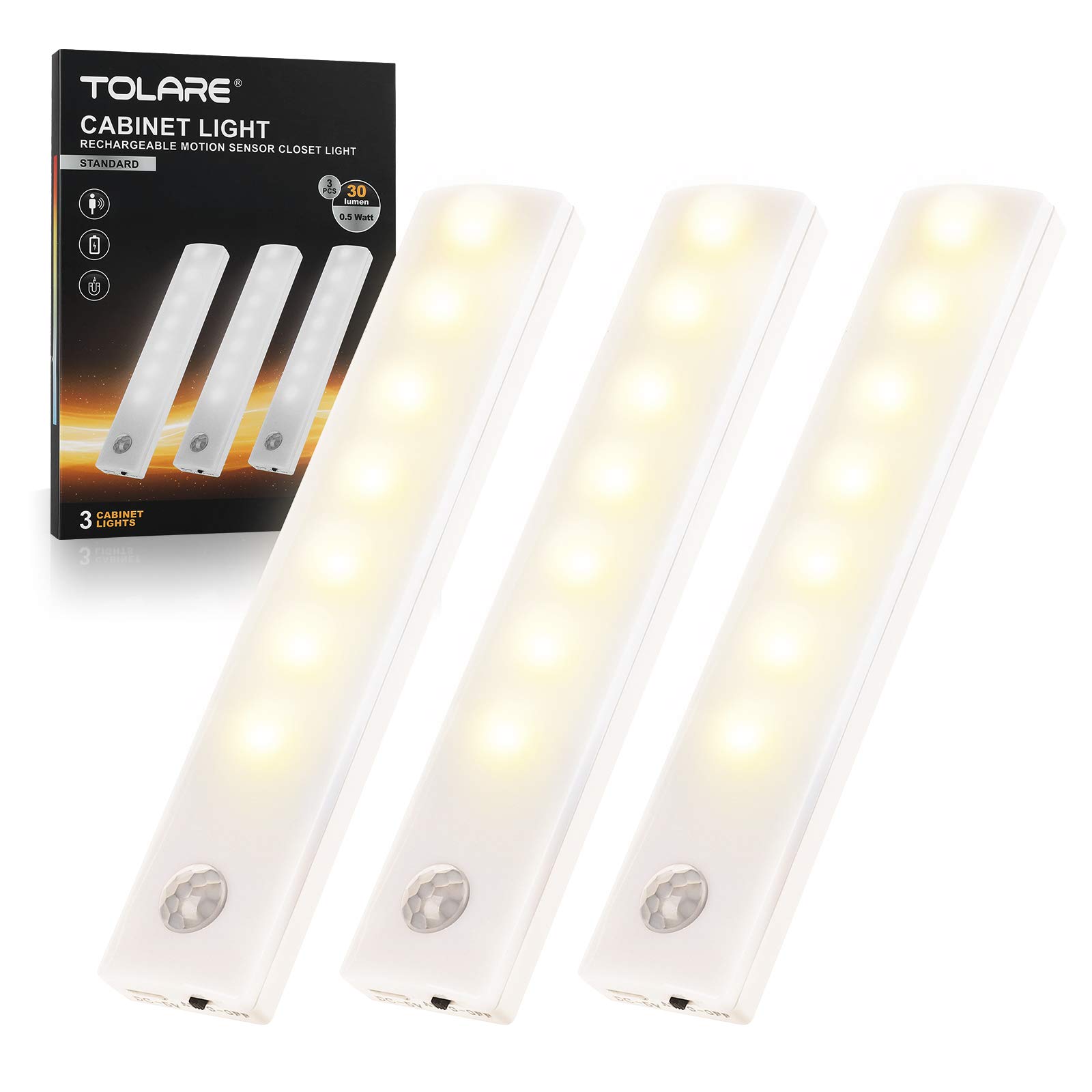 Tolare Wireless Motion Sensor LED Closet Lights - USB Rechargeable Under Cabinet Lighting, Stick-On Lights for Bedroom, Kitchen, Stairs (3 Pack, Warm White) - Perfect for Nighttime Safety & Convenient Home Illumination