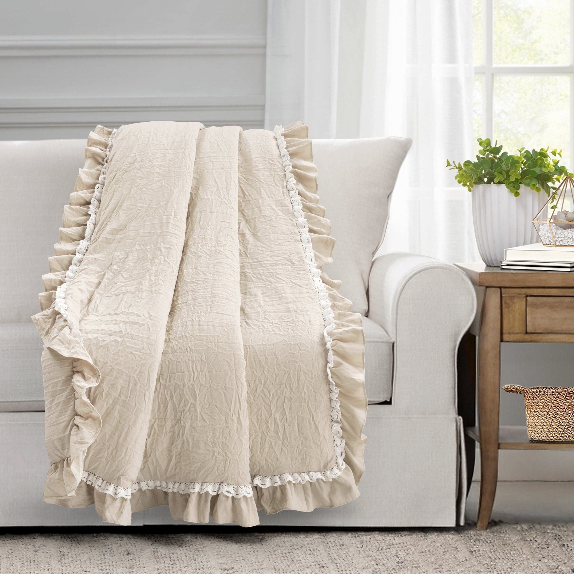 Ella Ruffle Lace Throw Blanket - Soft Decorative Knit Bedspread for Couch, Sofa & Bed - Perfect for Home Decor, Wedding Gift & Cozy Nights