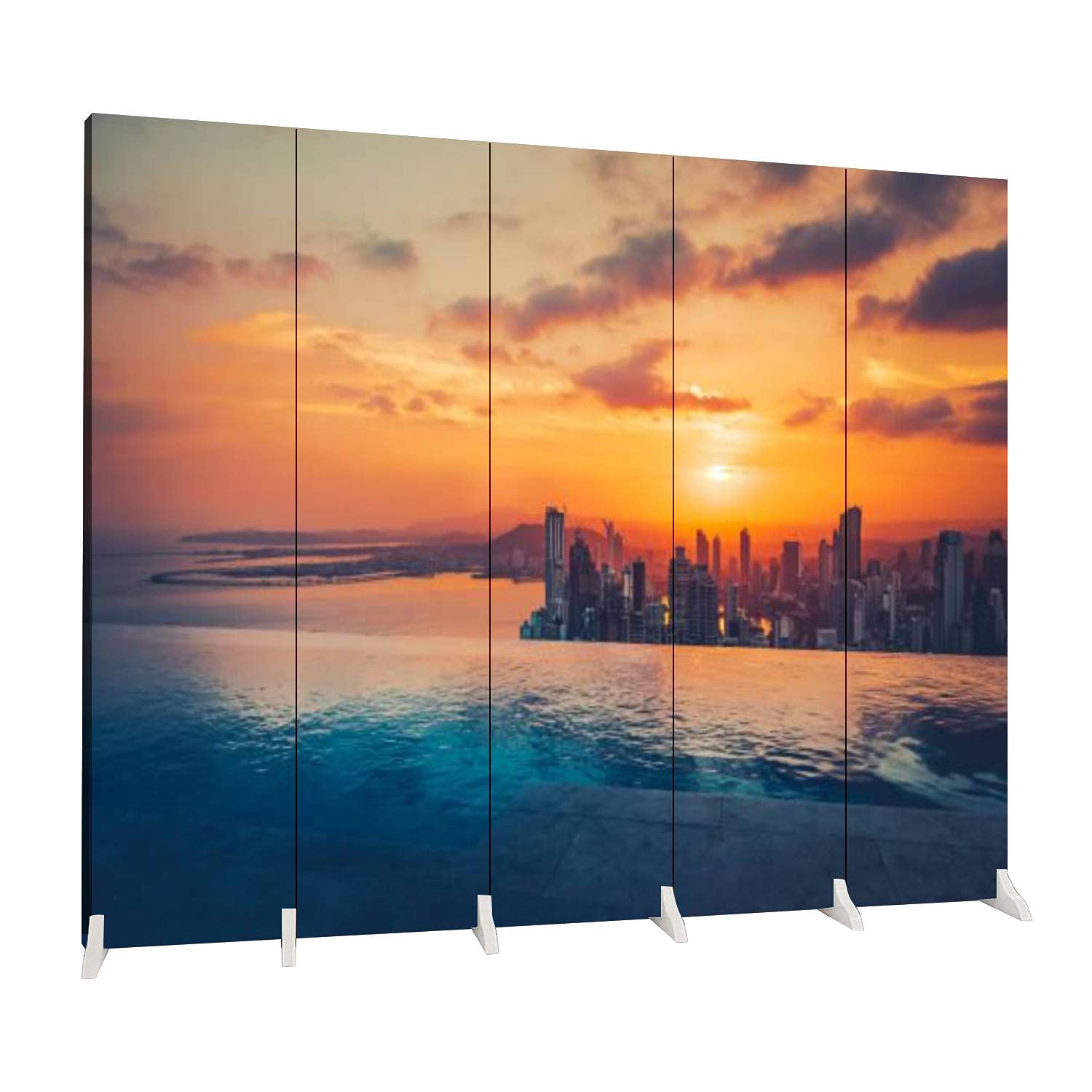 Dola-Dola 5-Panel Folding Room Divider - Sunset Panama City Skyline Canvas Privacy Screen for Home & Office | Freestanding Indoor Partition for Bedroom, Living Room, and Workspace Separation