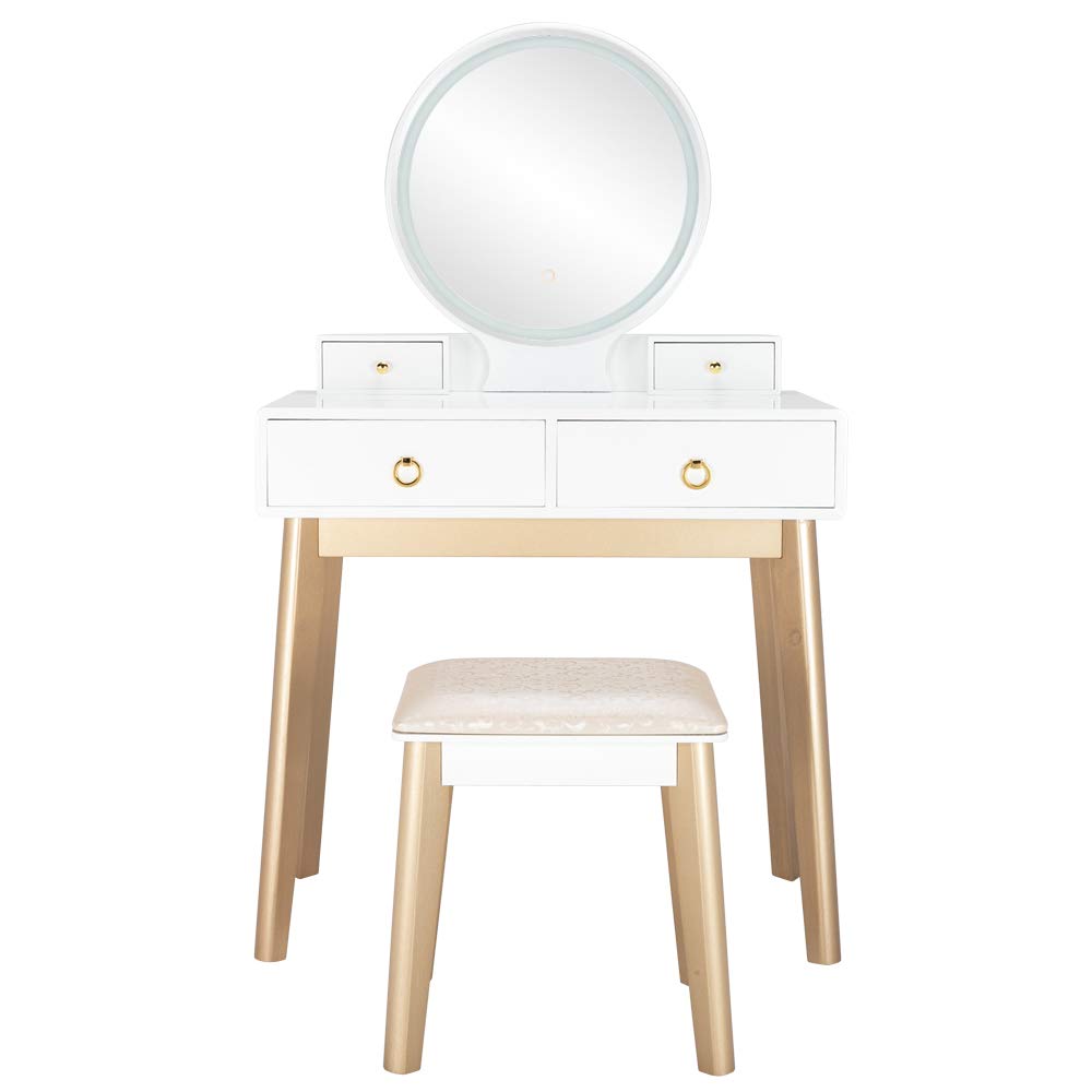 Luxury Real Wood Dressing Table with Adjustable LED Mirror - Modern Vanity Makeup Desk for Bedroom with 3 Color Lighting, Perfect for Home Beauty Routine & Makeup Organization