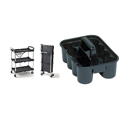 Olympia Collapsible Service Cart & Rubbermaid Carry Caddy - Black for Cleaning & Storage