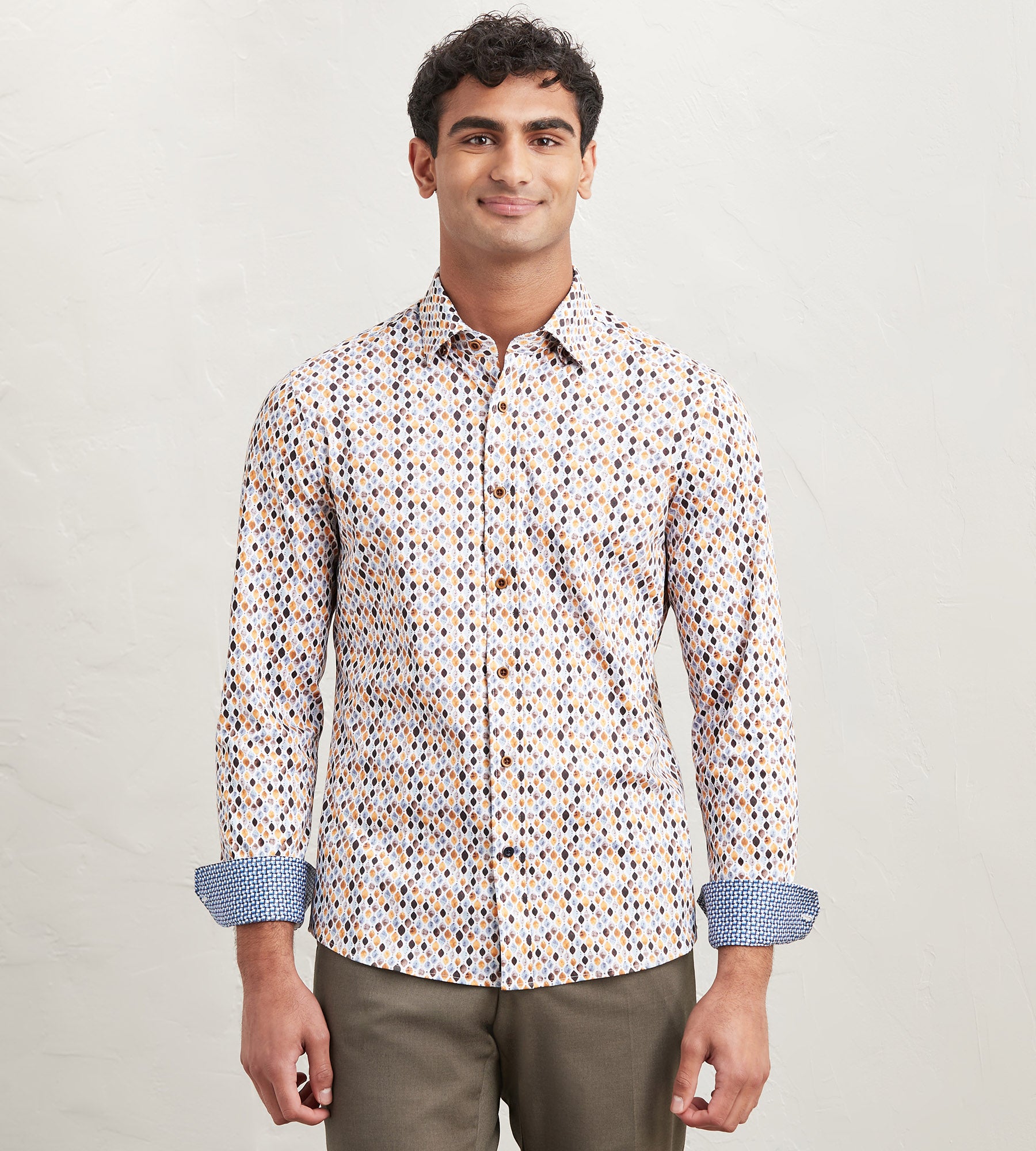 Modern Fit Long Sleeve Diamond Pattern 360 Stretch Casual Shirt for Men - Comfortable Office & Everyday Wear - Breathable Stretch Fabric for Work, Travel & Outdoor Activities
