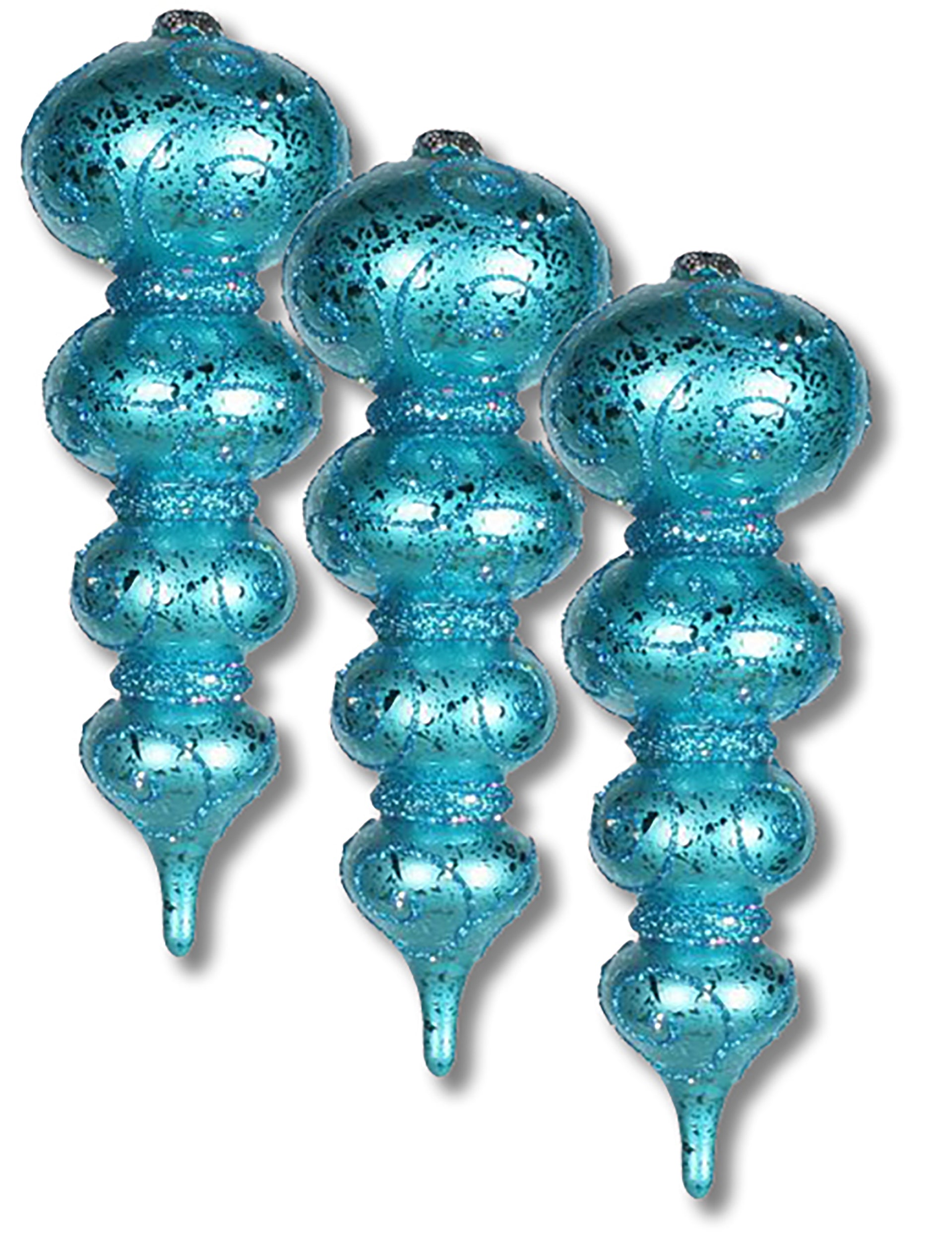 3 Pack 7-Inch Aqua Blue Finial Ornaments with Glitter Swirl Design - Elegant Christmas Tree Decorations for Holiday Home Party Decor