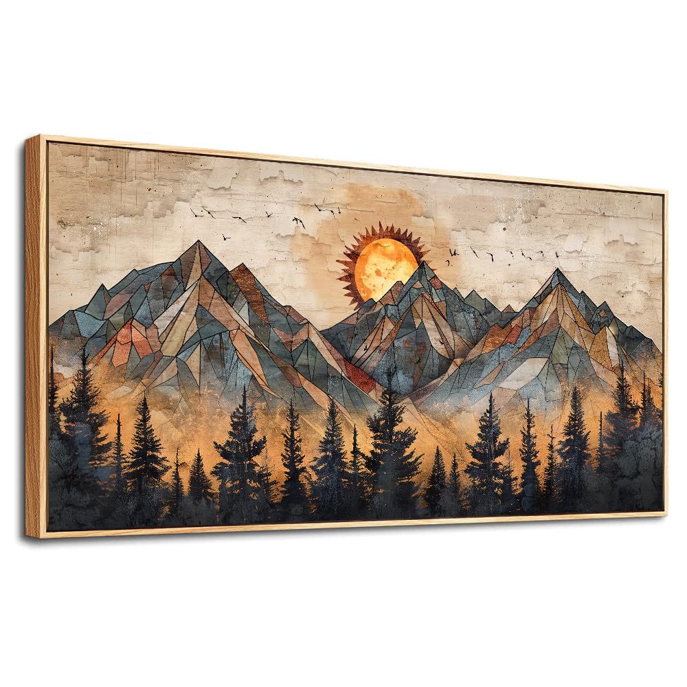 Modern Abstract Boho Wall Art - Wood Framed Canvas Painting 20x40 Inch, Mountain Landscape Wall Decor for Living Room, Bedroom & Office - Perfect for Home Decor, Housewarming Gifts & Interior Design