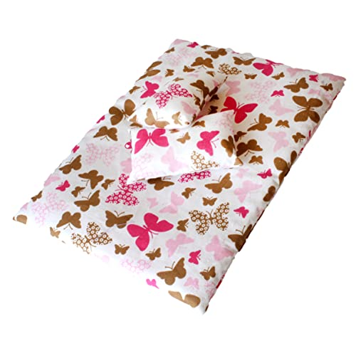 Mini Dollhouse Bedding Set - Pink Mustard Blanket & Pillows with Butterflies for Doll Decor