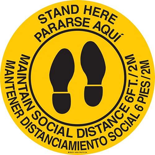 Brady 170267 Bilingual Stand Here Maintain Social Distance Floor Sign - Pack of 4 | Social Distancing Marker for Offices, Schools & Public Spaces