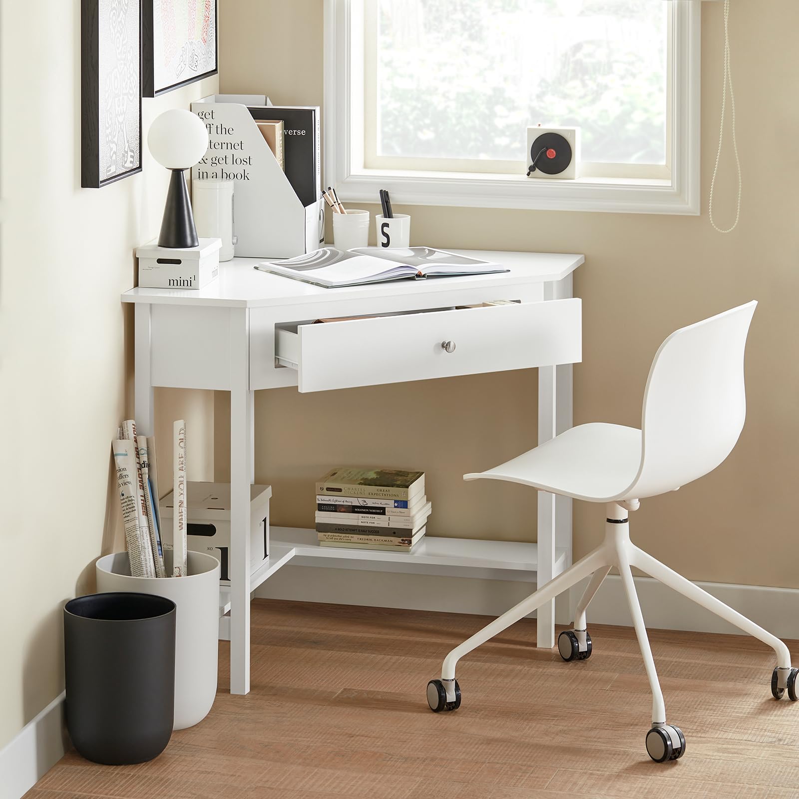 Haotian White Corner Desk with Drawer & Ladder Shelf - Compact Triangle Computer Desk for Small Spaces, Home Office Writing Table & Vanity Desk (Model FWT31-W) - Perfect for Apartments, Dorms & Workspaces