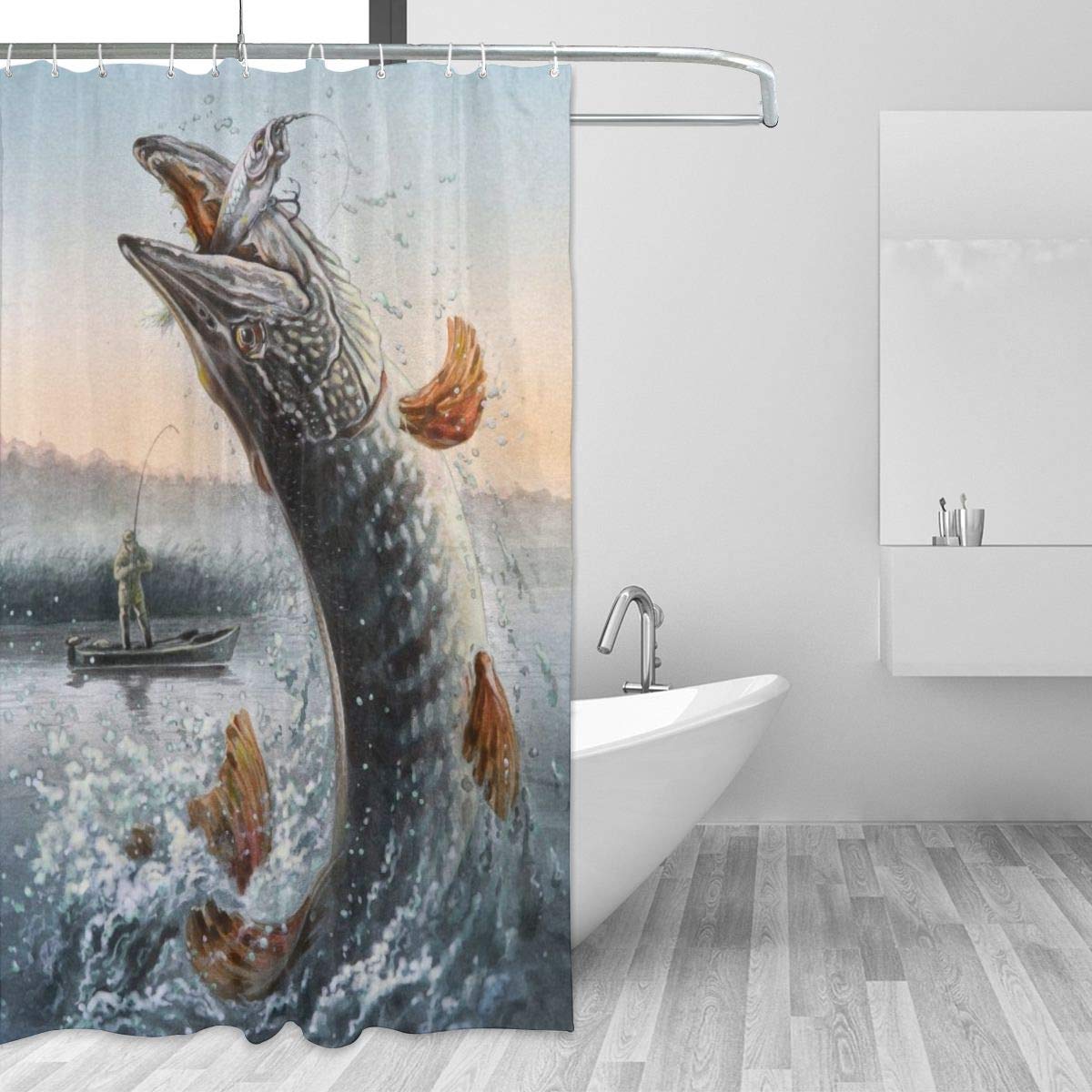 Yiaoflying Northern Pike Fishing Shower Curtain Set - Waterproof Bathroom Decor with 12 Hooks (60x72 Inches) - Perfect for Home, Hotel & Cabin Bathrooms - Great Gift for Anglers & Fishing Enthusiasts