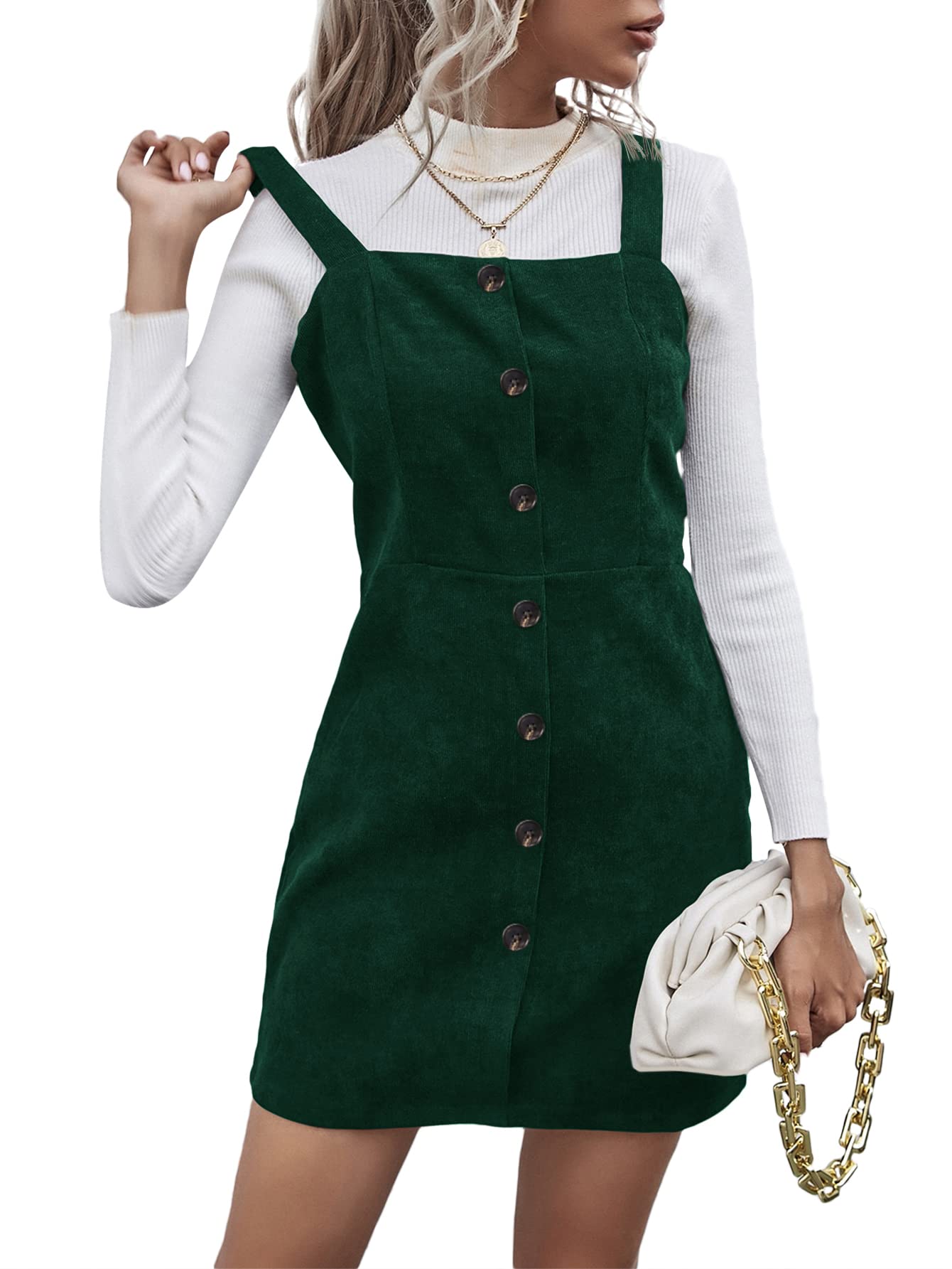 SheIn Women's Corduroy Mini Overall Dress - Button Front Sleeveless A-Line Pinafore Jumper Dresses for Casual Outings, Date Nights & Fall Fashion