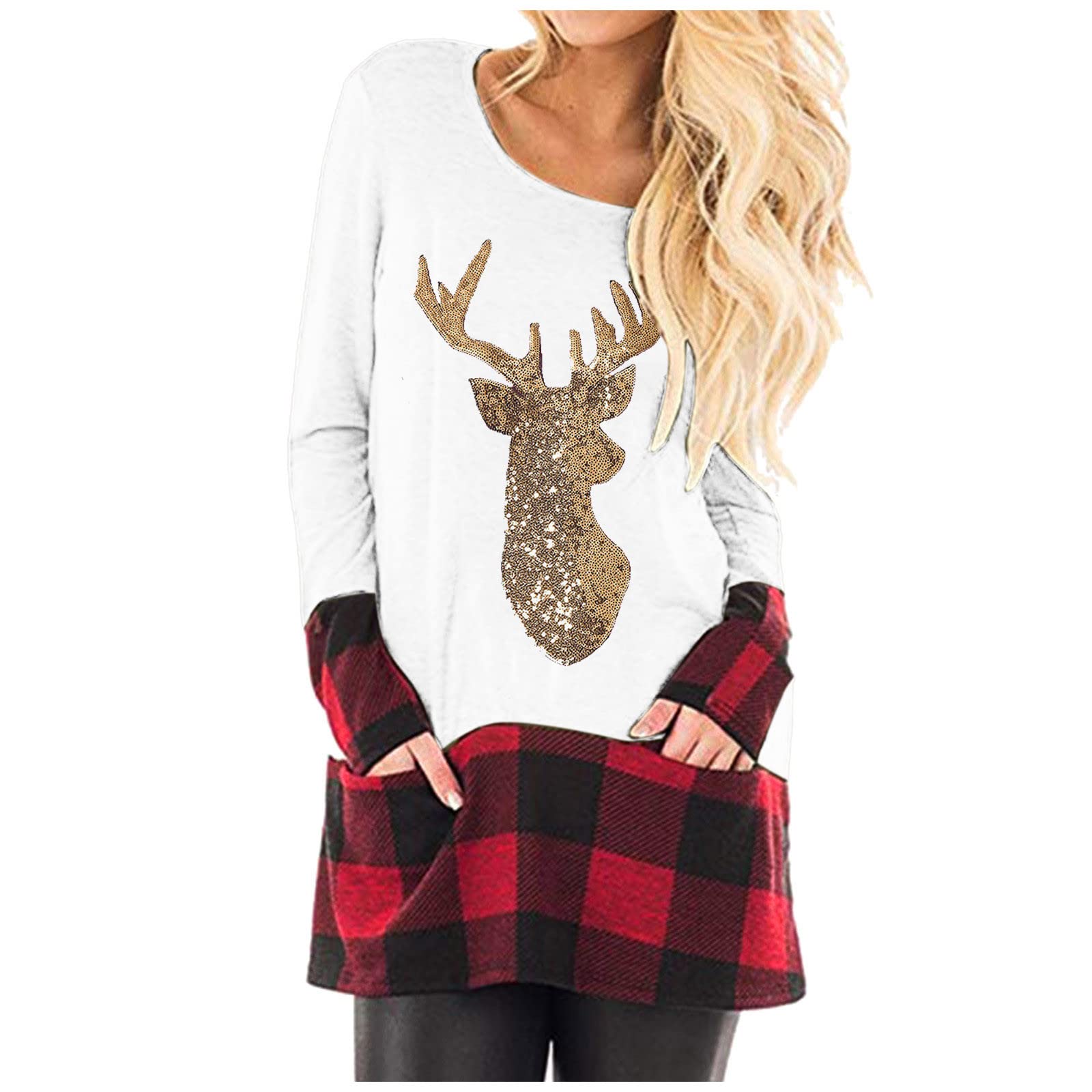 Women's Christmas Casual Plaid Long Sleeve Blouse - Cute Tunic Top for Business Casual & Holiday Parties | Office Wear & Festive Outfits