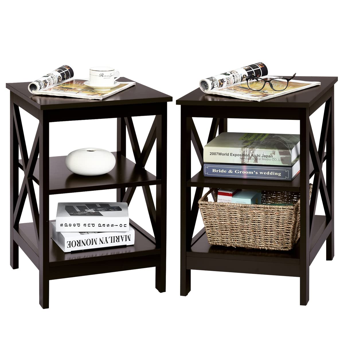KOTEK 3-Tier Nightstand Set of 2, Wooden Side Table with Storage Shelves, X-Design End Table for Bedroom & Living Room - Easy Assembly (Espresso) | Perfect as Bedside Table, Sofa Table, or Accent Table for Small Spaces