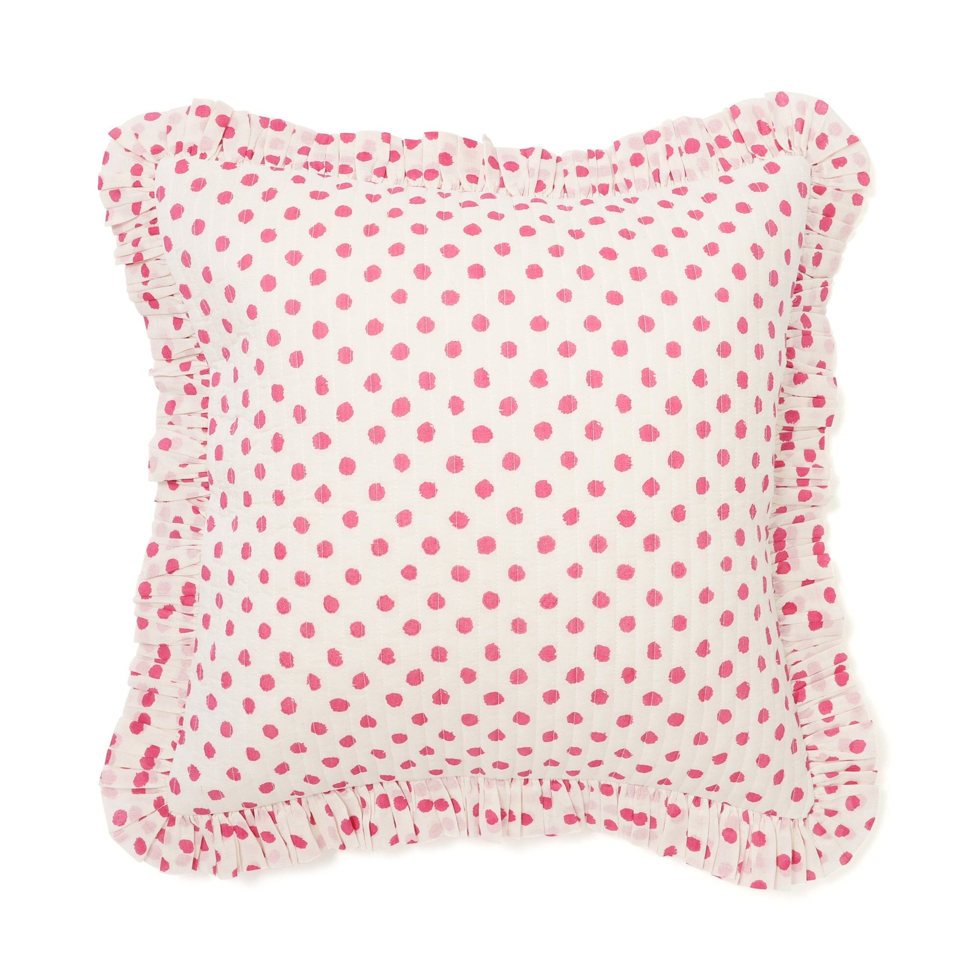 Dot Frill Cushion Cover 18x18 Inches - Soft Cotton Decorative Pillow Case for Sofa, Bed, Living Room - White and Pink Home Decor Accent
