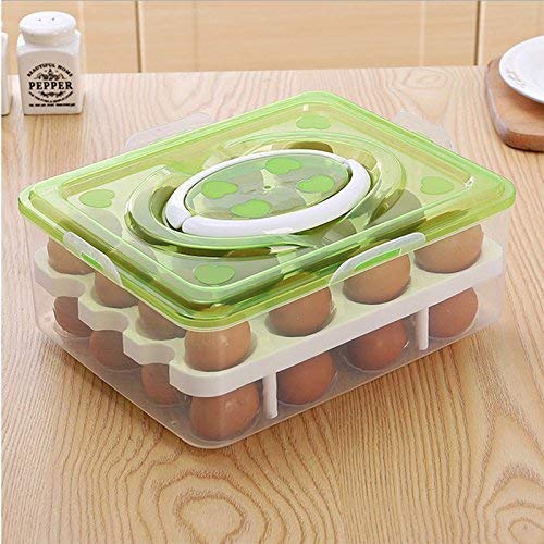 Double Layer All-in-One Egg Storage Box - 32 Grid Plastic Egg Holder with Tray, Food Storage Container & Vegetable Basket - Durable Green Kitchen Organizer for Refrigerator, Pantry & Farm Fresh Eggs