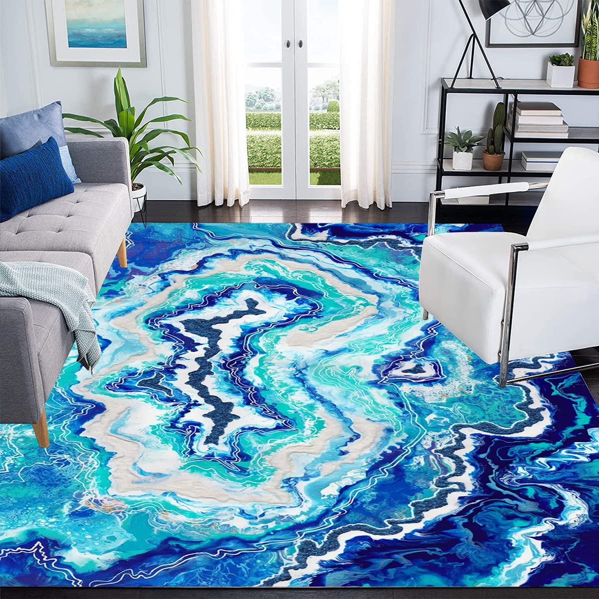 Dark Blue Teal Marble Swirl Modern Abstract Area Rug - Non-Shedding 5x7 Feet Indoor Carpet for Living Room, Bedroom, Home Office, Playroom & Kitchen Runner - Perfect for Coastal Beach Decor Under Dining Table