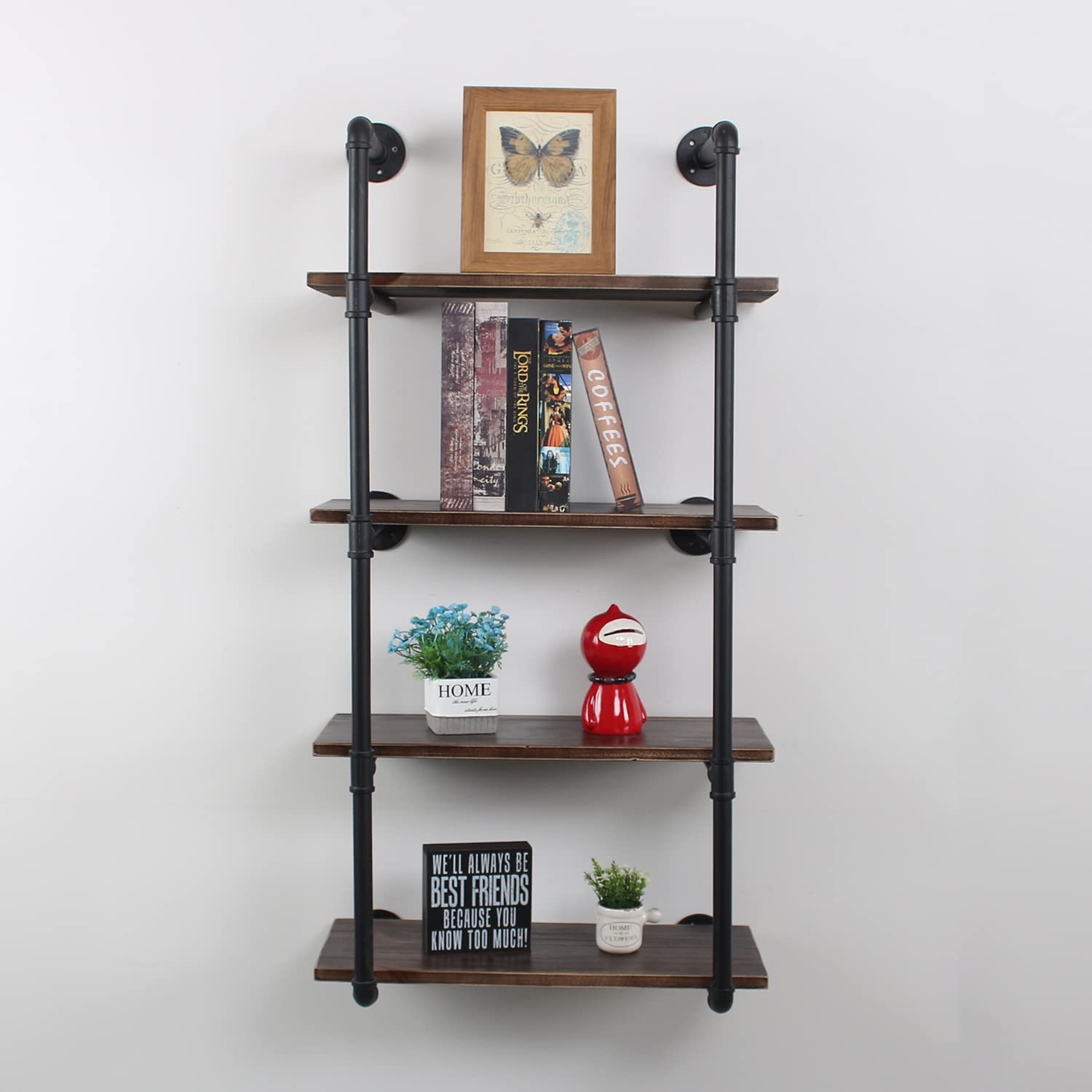 MBQQ Industrial Retro Pipe Shelf 24in - 4 Tier Wall Mounted Rustic Floating Shelves for Farmhouse Kitchen & Bar - Black DIY Bookshelf for Home Decor, Books & Storage | Perfect for Living Room, Bedroom & Office Organization