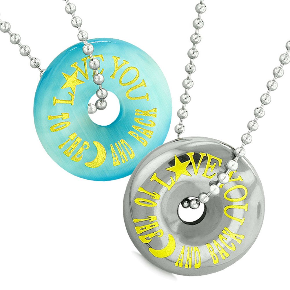Amulets Love You to The Moon and Back - Couples Coin Donut Pendant Necklace with Simulated Cat's Eye Hematite in Blue - Perfect for Anniversaries, Valentine's Day Gifts & Romantic Date Nights
