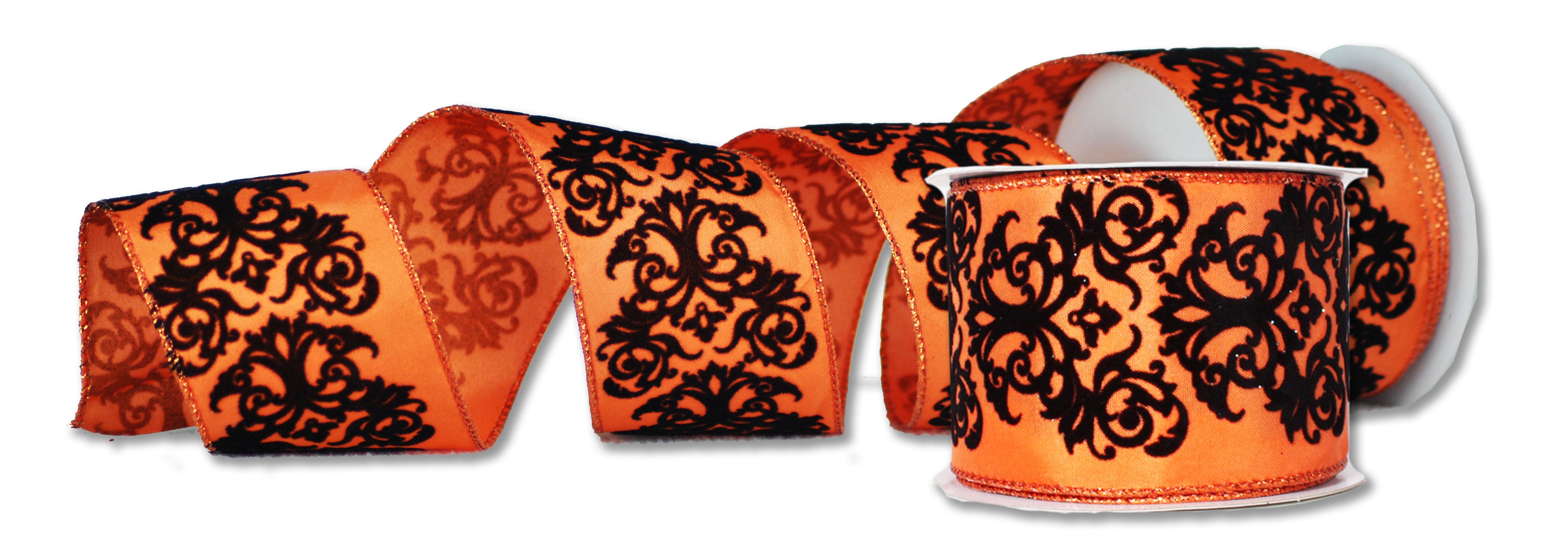 2 Pack of 30' Orange Ribbon with Brown Velvet Designs - Perfect for Gift Wrapping, Wedding Decorations, and DIY Crafts