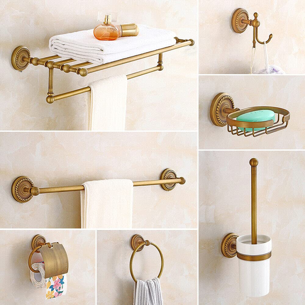 Antique Brass 7-Piece Wall Mounted Bathroom Hardware Set - Towel Rack, Toilet Paper Holder, Brush Holder, Soap Dispenser & Hooks - Vintage Bathroom Accessories for Powder Room, Guest Bath & Master Suite