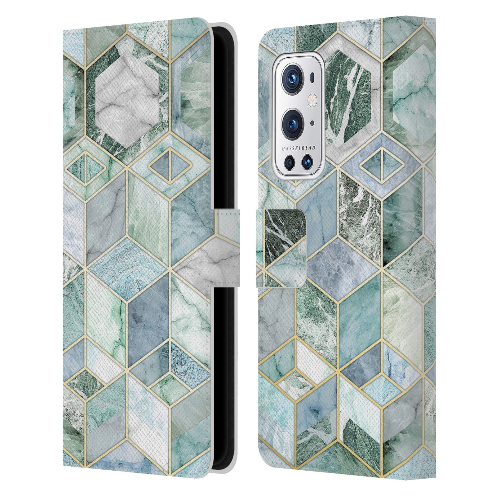 Head Case Designs OnePlus 9 Pro Leather Book Wallet Case - Officially Licensed Micklyn Le Feuvre Jade Honeycomb Marble Pattern - Stylish Protection for Work & Travel
