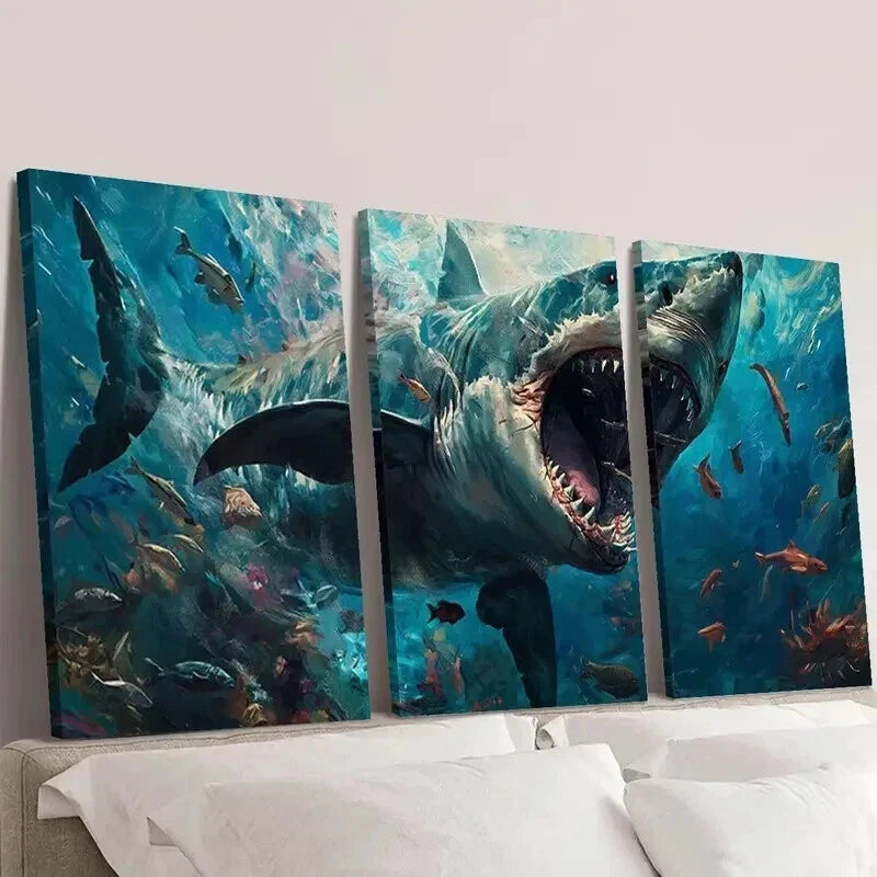 3-Piece Great White Shark Canvas Wall Art Set - Framed 50x70cm High Quality Print | Australian Made | Ready to Hang | Perfect for Living Room, Office & Marine Theme Decor