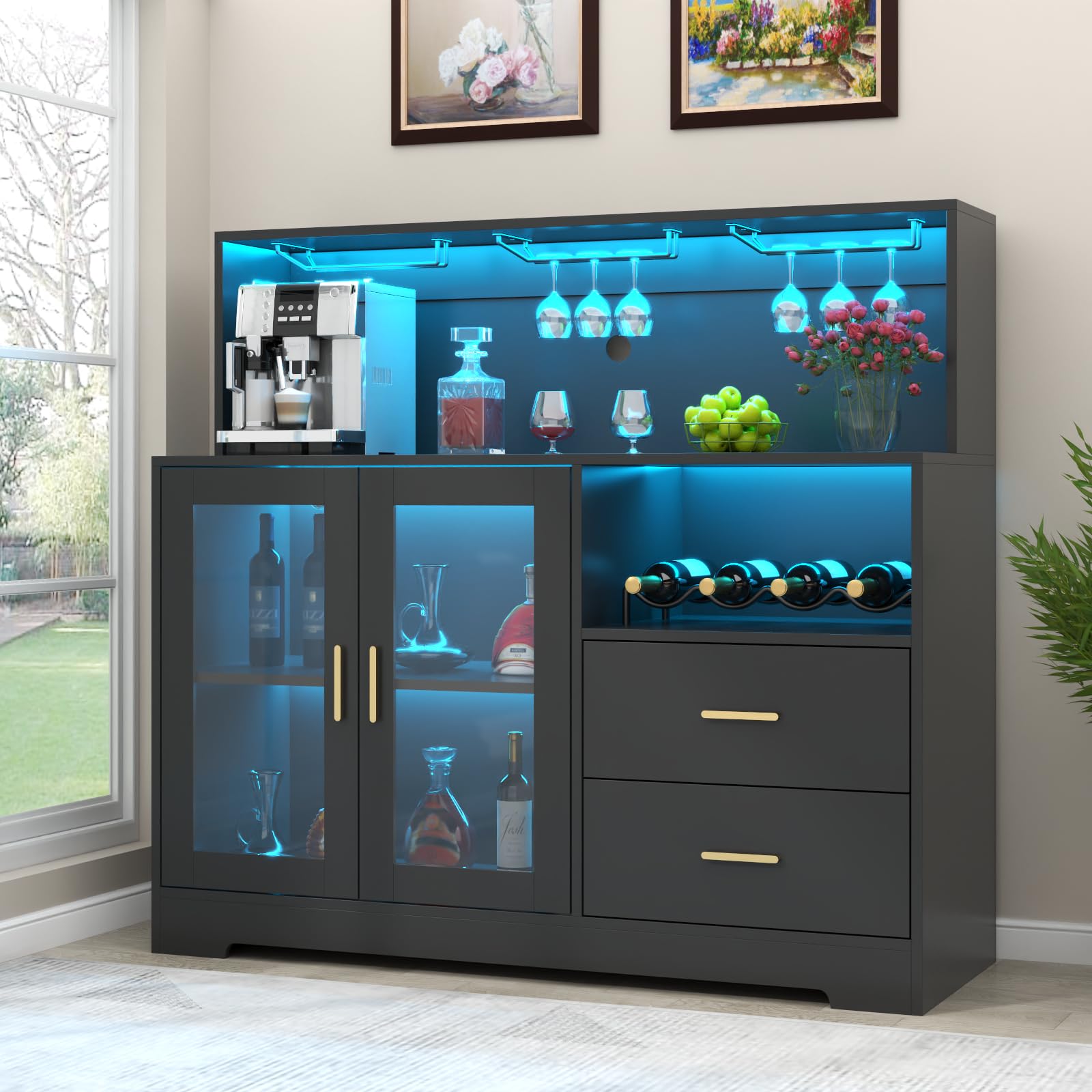 Modern LED Wine Bar Cabinet with Glass Rack & Storage Drawers - Kitchen Buffet Sideboard for Liquor, Coffee & Dining Essentials - Perfect for Living Room, Dining Room & Home Entertainment (Black)