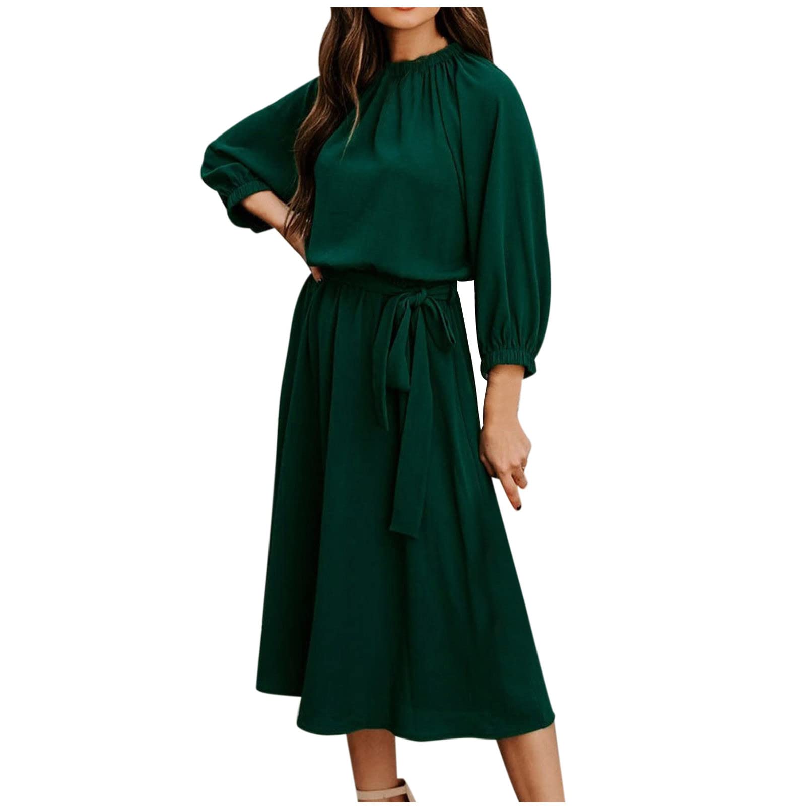 BmkBWO Women's Long Sleeve Midi Dress - Tie Waist Casual Summer Dress with Crewneck Swing Design | Perfect for Wedding Guest, Office Wear & Everyday Outfits