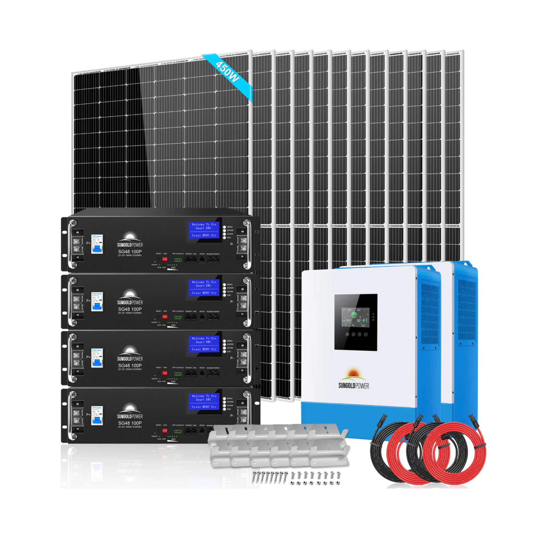10KW Off Grid Solar Power Kit with 20.48kWh LiFePO4 Battery & 12x450W Panels | 48VDC 120V/240V Output | SunGoldPower SGR-10K2M | Ideal for Home Backup, RV & Remote Cabins