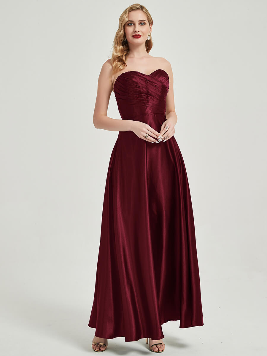 Burgundy Satin Sweetheart Strapless Maxi Pleated Bridesmaid Dress - Elegant Formal Gown for Weddings, Prom & Evening Events