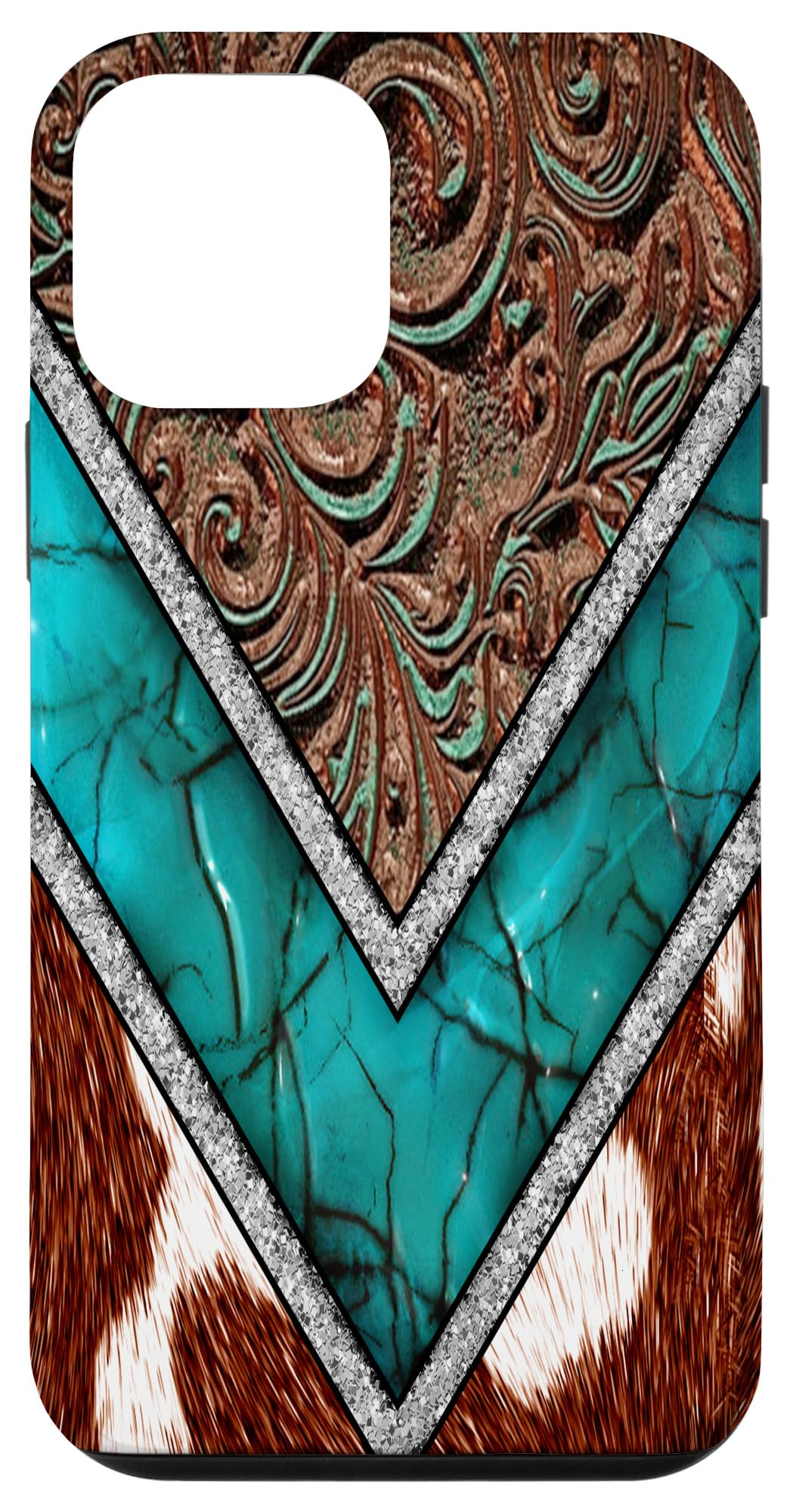Premium iPhone 12 Mini Case - Genuine Western Cowhide with Turquoise & Brown Animal Print Design | Slim Protective Cover for Everyday Use, Travel & Outdoor Activities