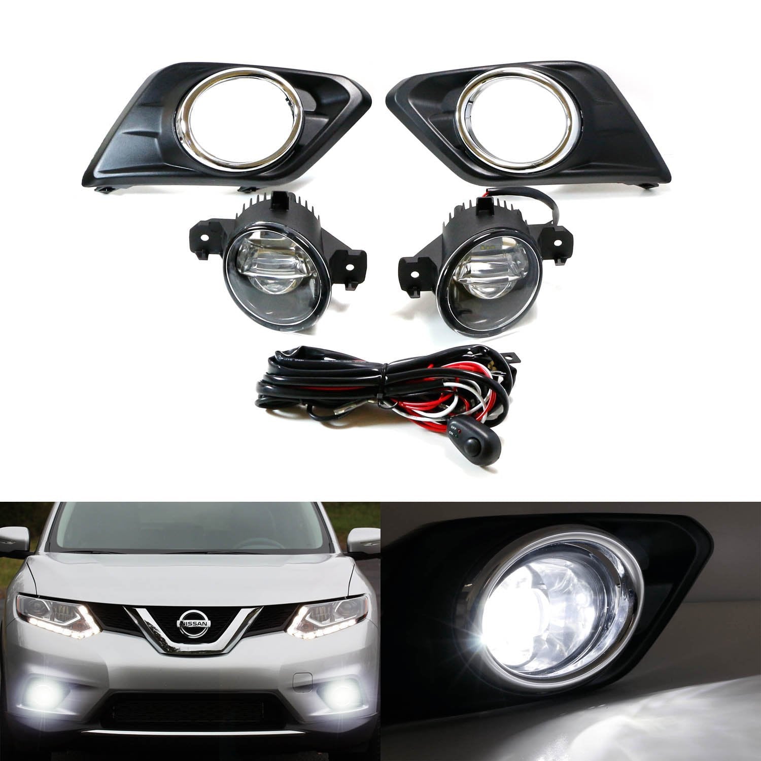 15W CREE LED Projector Fog Lights with Bezel Covers & Wiring Harness - Compatible with 2014-2016 Nissan Rogue | Durable Off-Road Lighting for Night Driving, Foggy Conditions & Adventure Vehicles