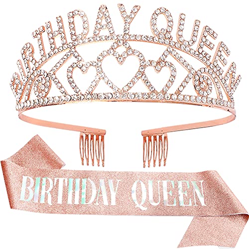 Birthday Queen Crown & Sash Set - Gold Tiara & Sash for Women's 16th Birthday Party Decorations - Perfect for Birthday Gifts, Party Favors & Girls' Celebrations (Great for Quinceañeras, Sweet 16 Parties & Bachelorette Events)