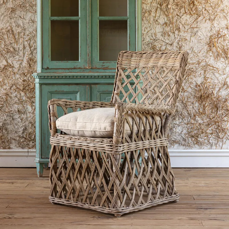 Modern Lattice Rattan Arm Chair - Woven Wicker Accent Chair for Indoor & Outdoor Use - Perfect for Patio, Garden, Living Room, and Balcony Decor