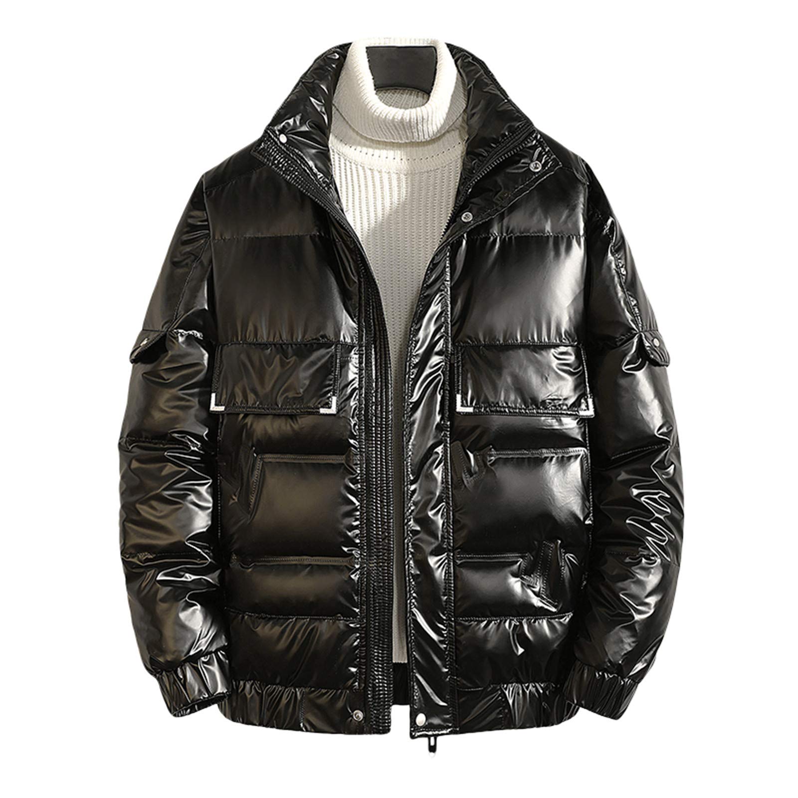 Men's White Duck Down Shiny Hooded Jacket - Winter Padded Coat for Outdoor Activities, Black, XXXXL | Perfect for Skiing, Hiking & Cold Weather Protection