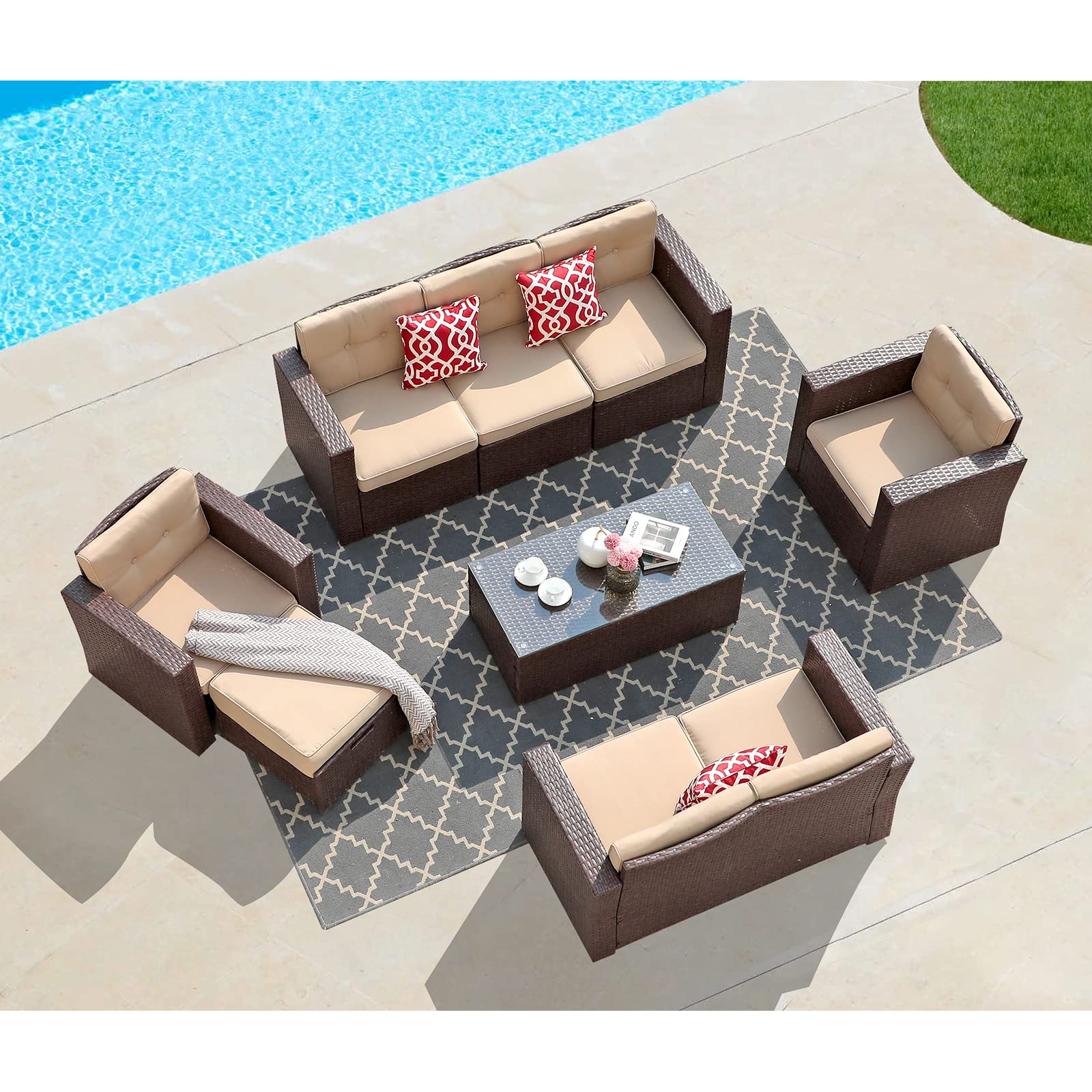 Super Patio 8-Piece All-Weather PE Wicker Outdoor Sectional Sofa Set with Ottoman, Tempered Glass Coffee Table & 3 Red Pillows - Espresso Brown - Perfect for Backyard, Garden, Poolside & Patio Relaxation