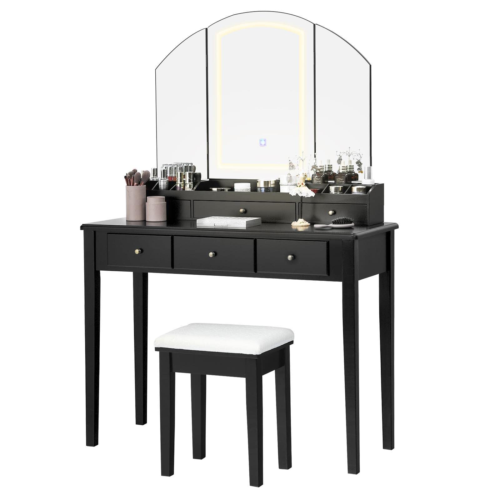 Popel Vanity Table Stool Set with Tri-Folding Lighted Mirror - 6 Drawer Dresser, LED Makeup Desk for Bedroom & Bathroom - White & Black (40x16x58.5 inches) - Perfect for Makeup Application, Dressing Area, and Home Decor