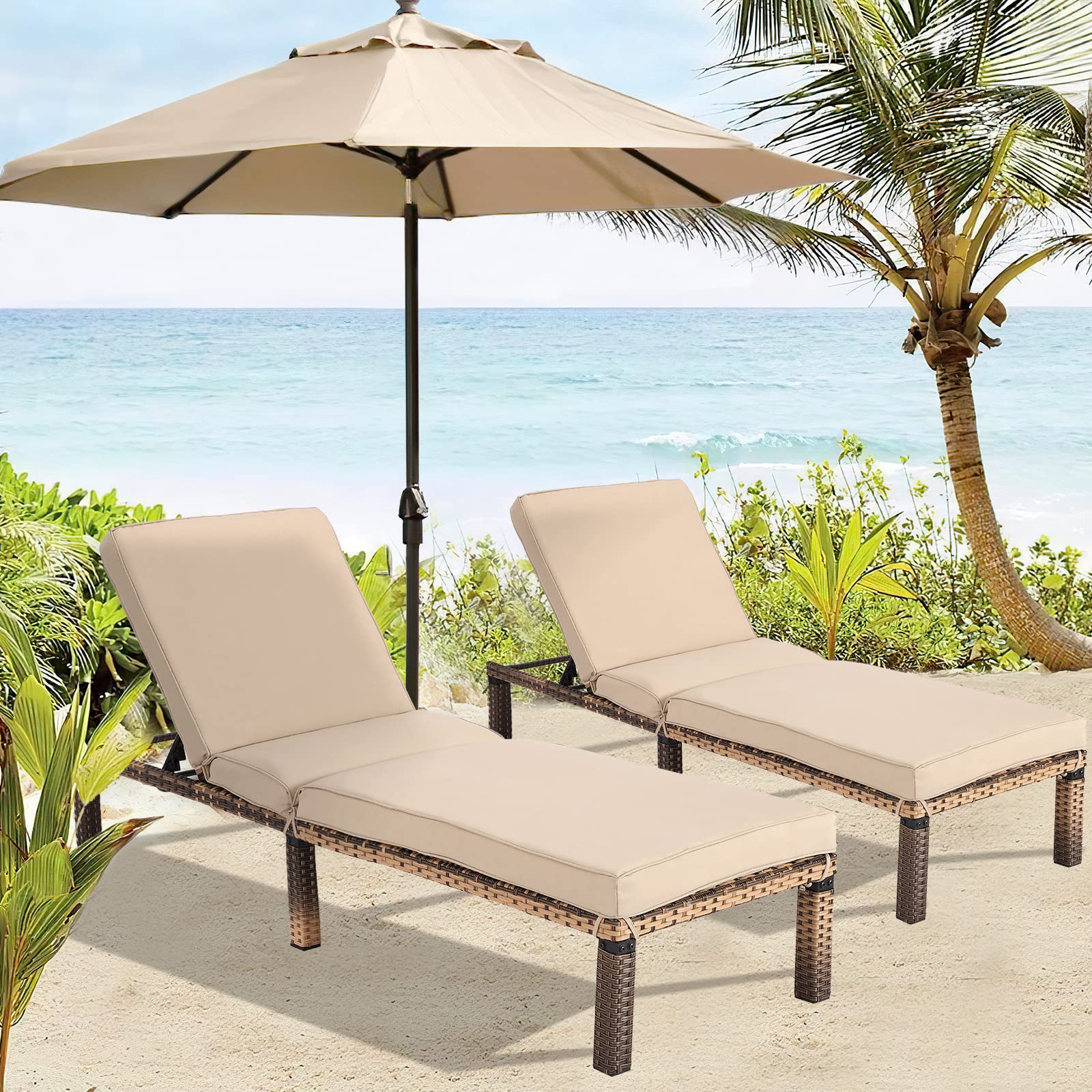 MAGIC UNION 2-Pack Rattan Outdoor Chaise Lounge Chairs Set with Adjustable Backrest & Cushions - Patio, Poolside, Beach, Garden, Deck Relaxation - Water-Resistant Wicker Lounge Chairs for Backyard, Lawn, Outdoor Living Spaces