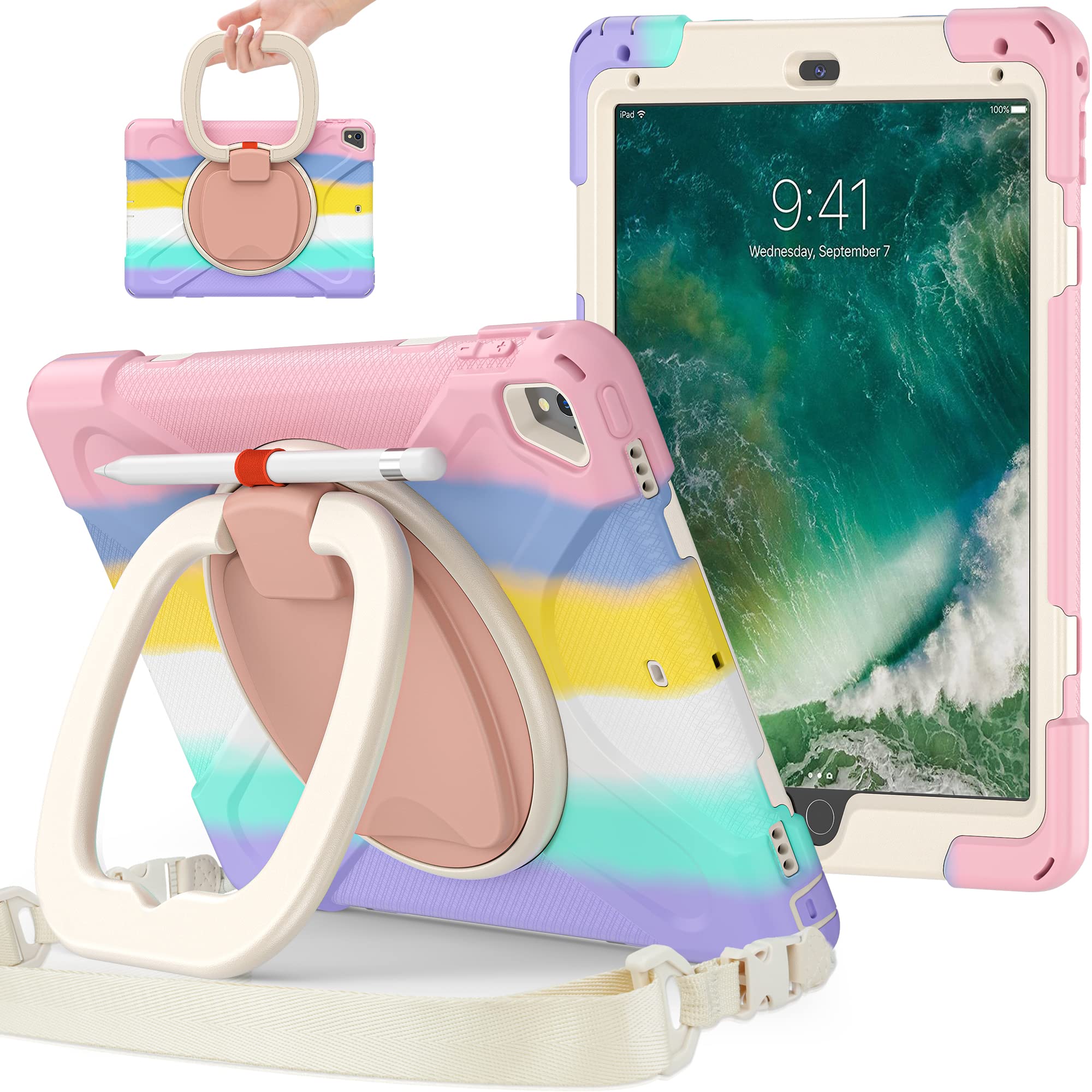 RUGGYCASE iPad 5th/6th Generation Case (2017/2018), iPad Air 2 & iPad Pro 9.7 Inch Protective Cover with Built-in Screen Protector, Removable Strap & Rotating Stand - Rainbow | Perfect for School, Work & Travel