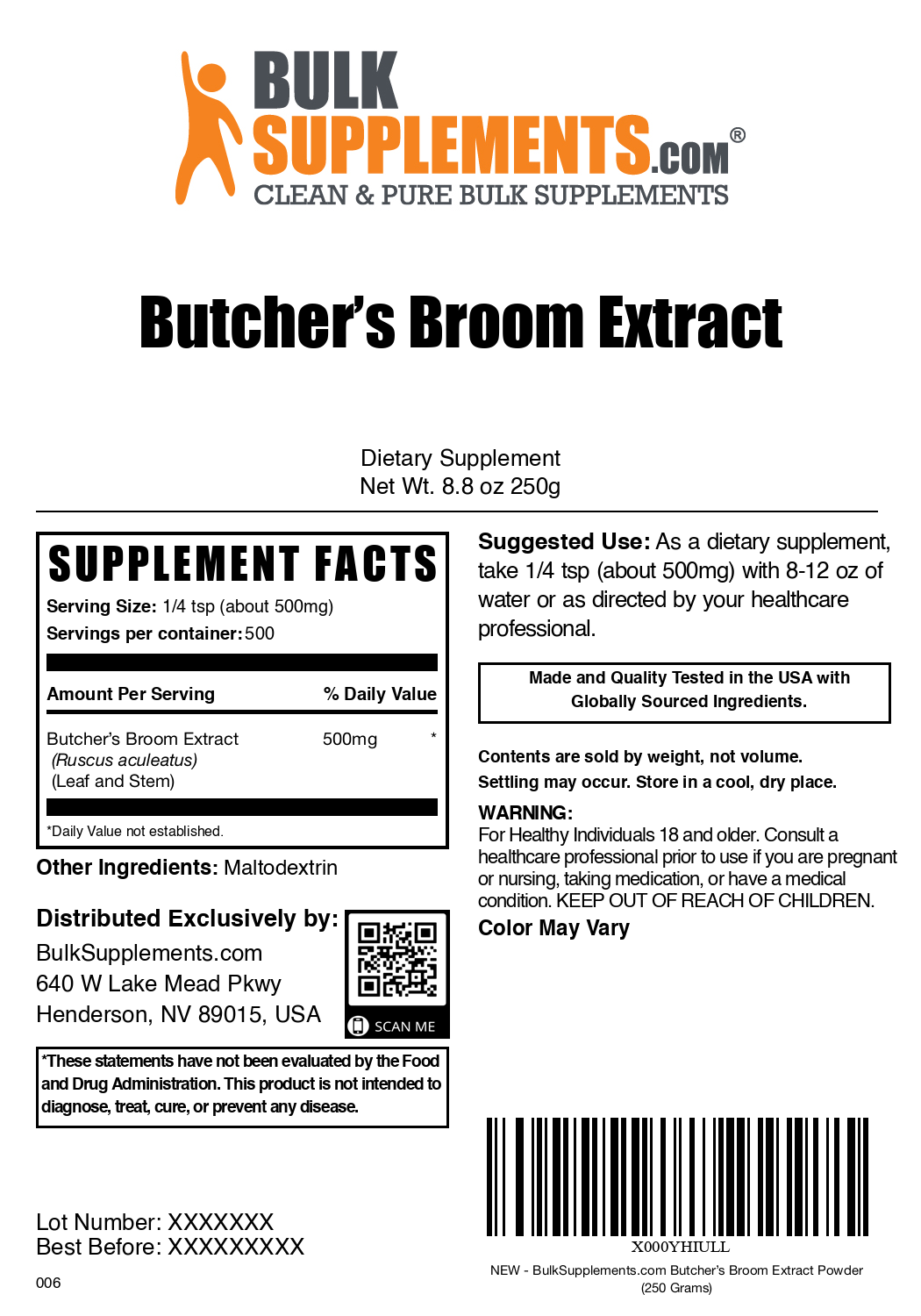Butcher's Broom Extract Powder - 100% Pure Natural Herbal Supplement for Circulation & Vein Support - Use for Varicose Veins, Hemorrhoids & Swelling Relief