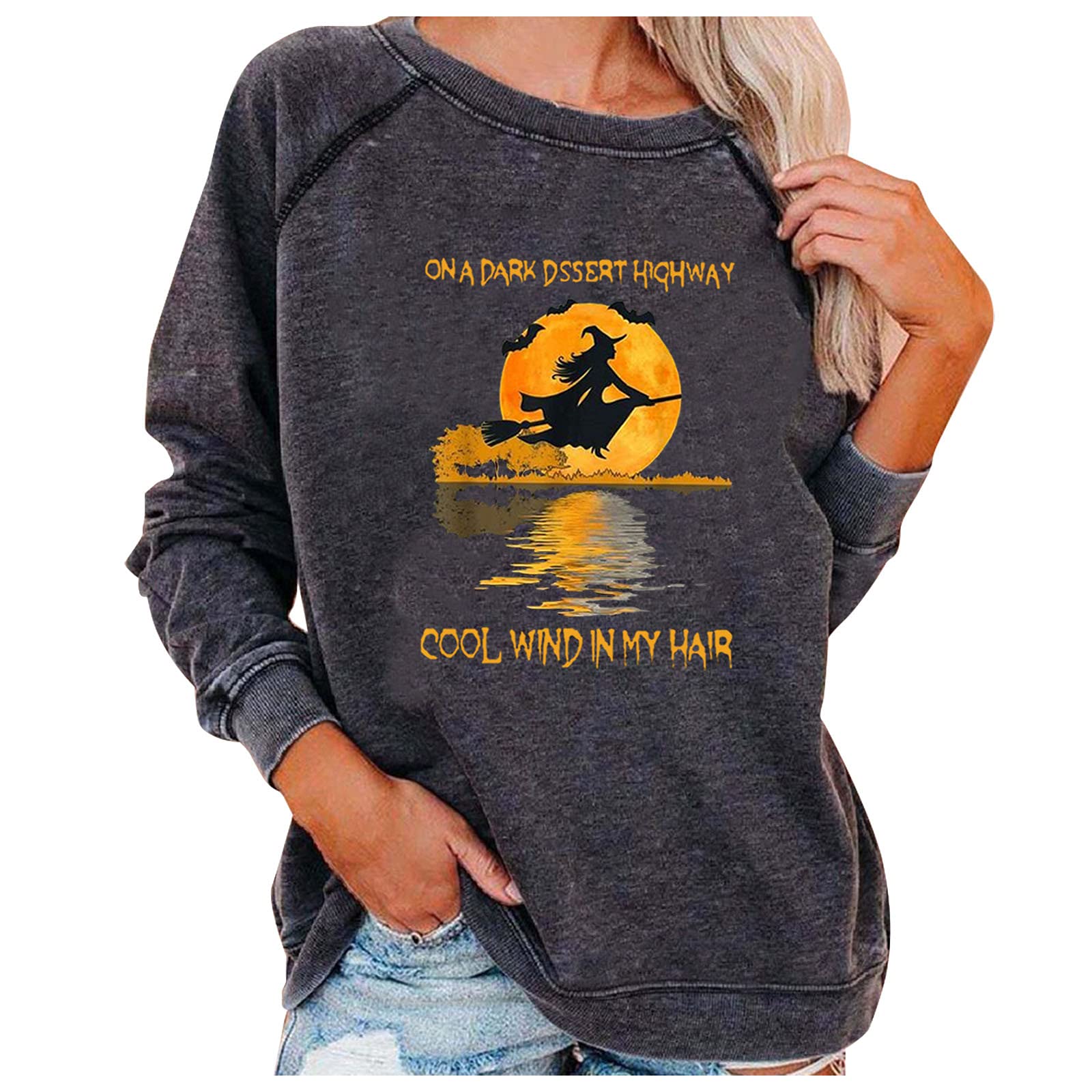 Women's Halloween Pumpkin Print Long Sleeve Sweatshirt - Lightweight Casual Pullover Top for Fall, Spooky Season & Cozy Outfit | Perfect for Pumpkin Patch, Halloween Party & Autumn Layering