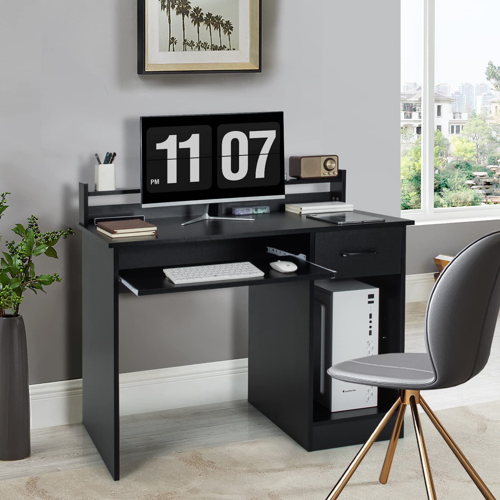 GORELAX Wooden Computer Desk with Hutch - Gaming PC Desk with Drawers, Open Shelves, Keyboard Tray & Monitor Stand - Compact Home Office Desk for Small Spaces, Bedroom Study & Student Workstation (Black) - Perfect for Remote Work, Online Classes & Gaming Setups
