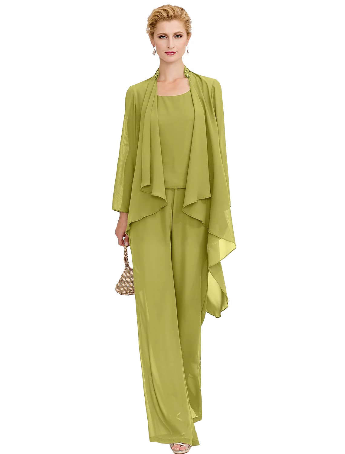 Elegant Women's Chiffon Mother of The Bride Dress Pant Suit 3-Piece Beaded Wedding Outfit with Jacket | Formal Gown for Weddings, Parties & Special Occasions