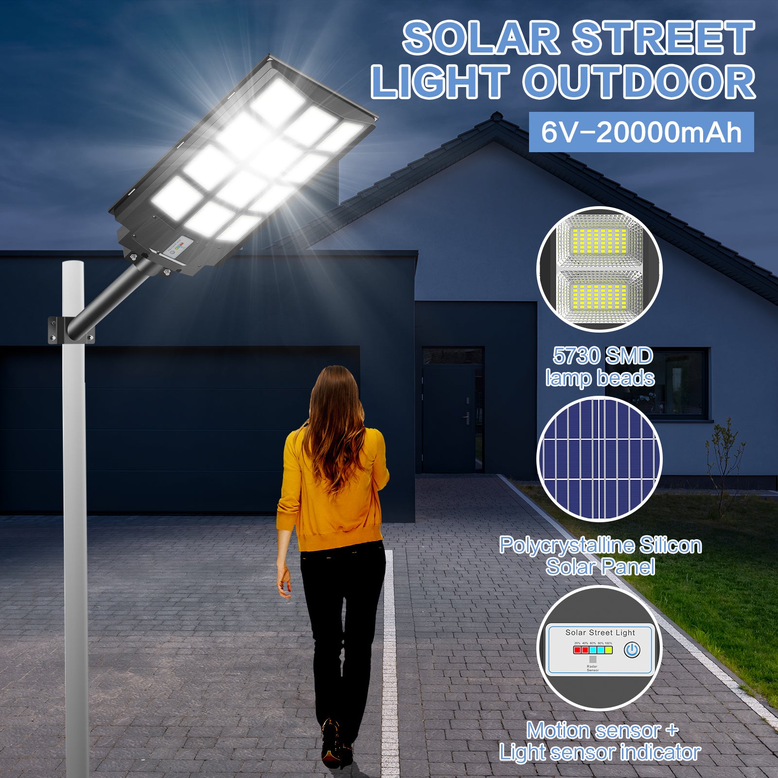 Hykoont BM024 160W Solar Street Light - 21600 Lumens Super Bright, Waterproof, Dusk to Dawn Sensor (2 Pack) - Perfect for Driveways, Parking Lots, and Outdoor Security Lighting