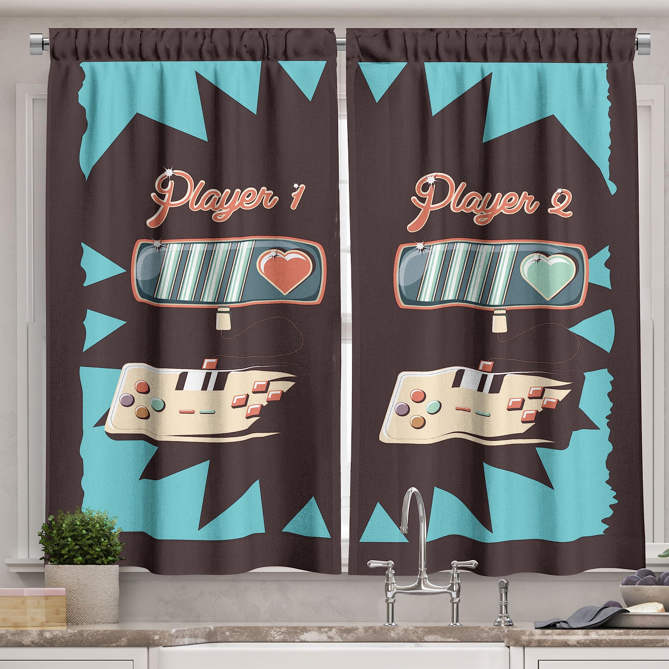 Ambesonne Gaming Long Kitchen Curtains - Nostalgic Gameboy Design for Multiple Players, Retro Childhood Memories, 2 Panel Rod Pocket Drapes 55