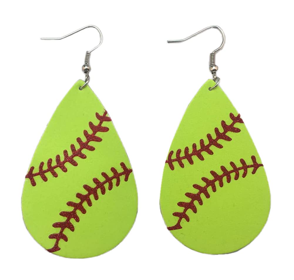 stylesilove Women Teen Girls Baseball Games Teardrop Leather Dangle Earrings - Perfect for Sports Events, Casual Outings, and Everyday Wear